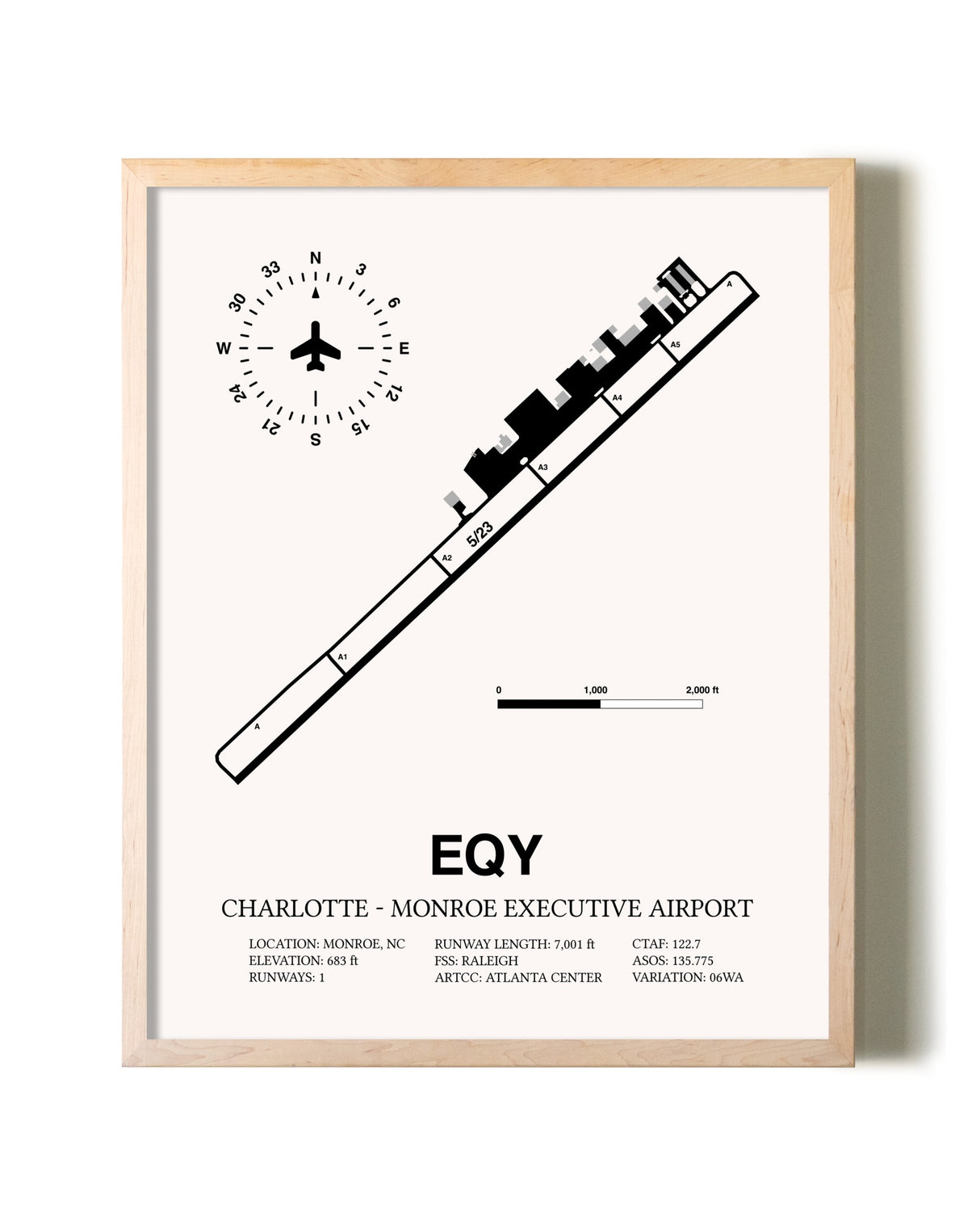 Charlotte-Monroe Executive Airport framed wall art in white frame