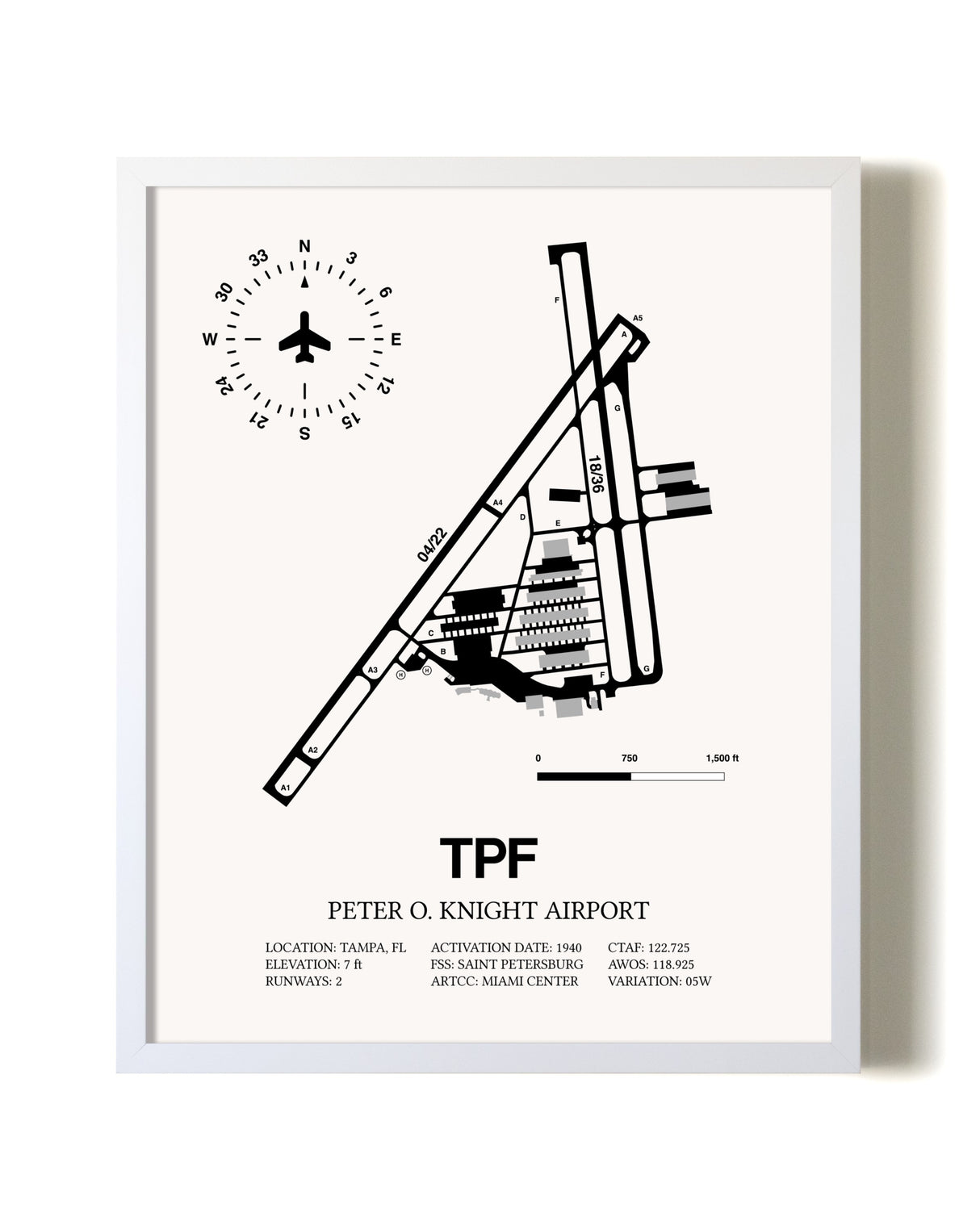 Peter O. Knight Airport airport map poster in oak frame
