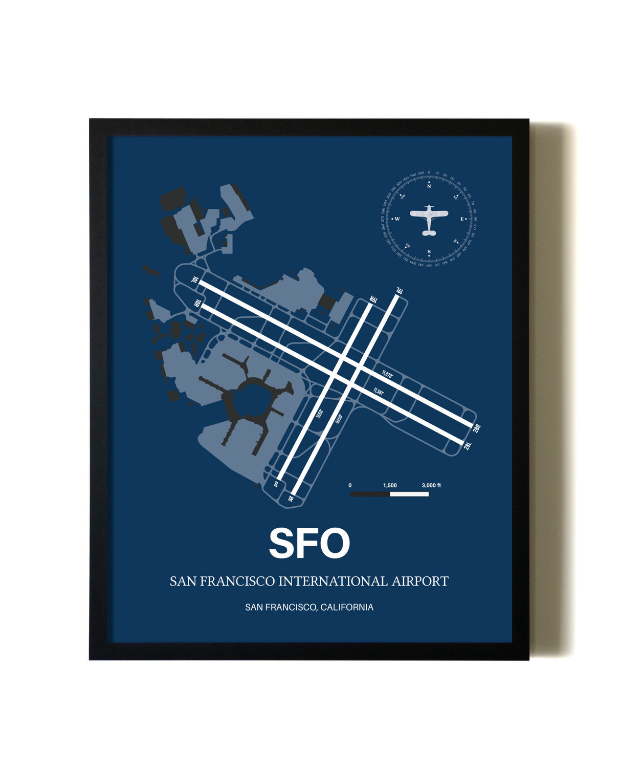 Aviation Blue Framed San Francisco International Airport layout wall art poster