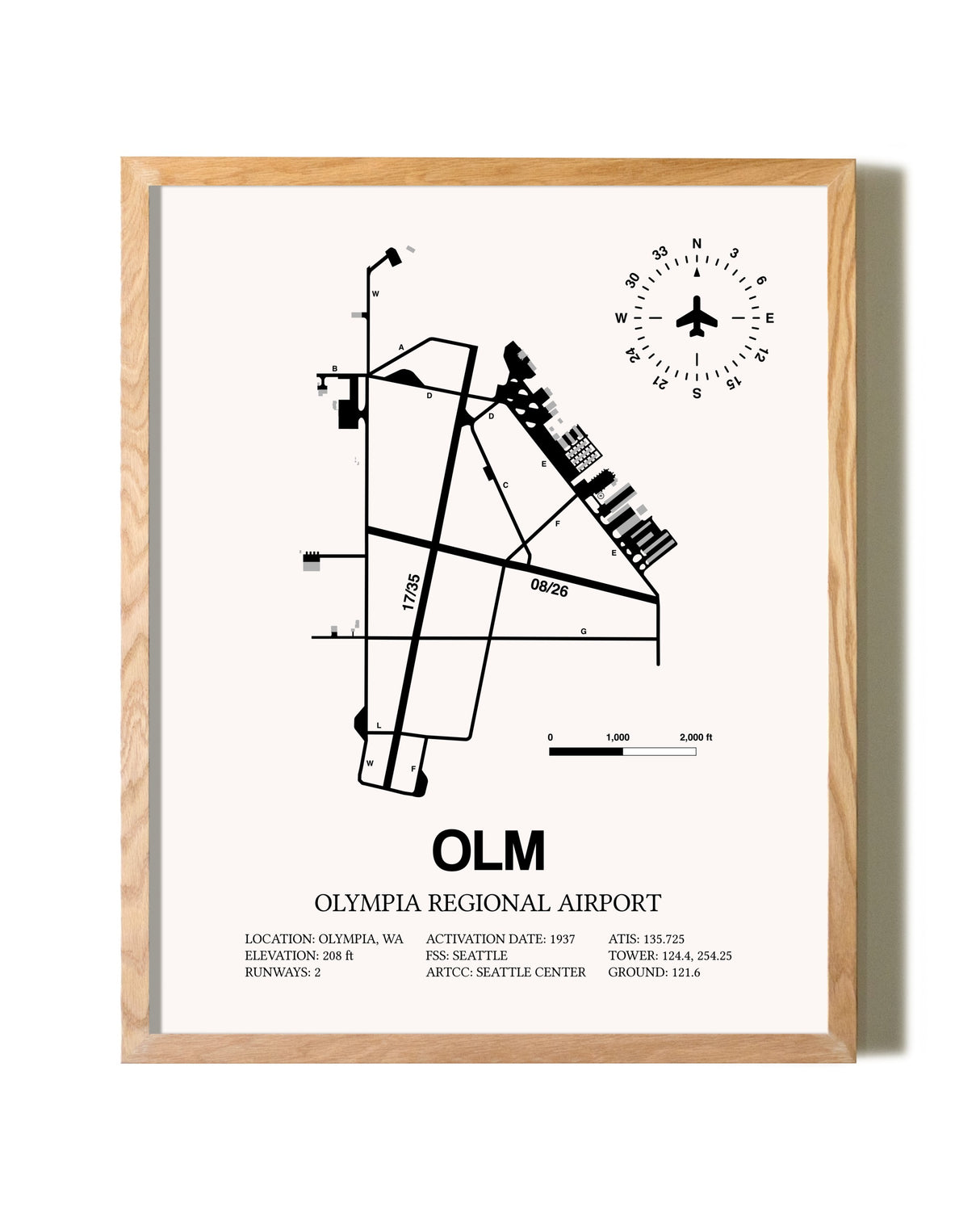 Olympia Regional Airport framed print in natural wood frame