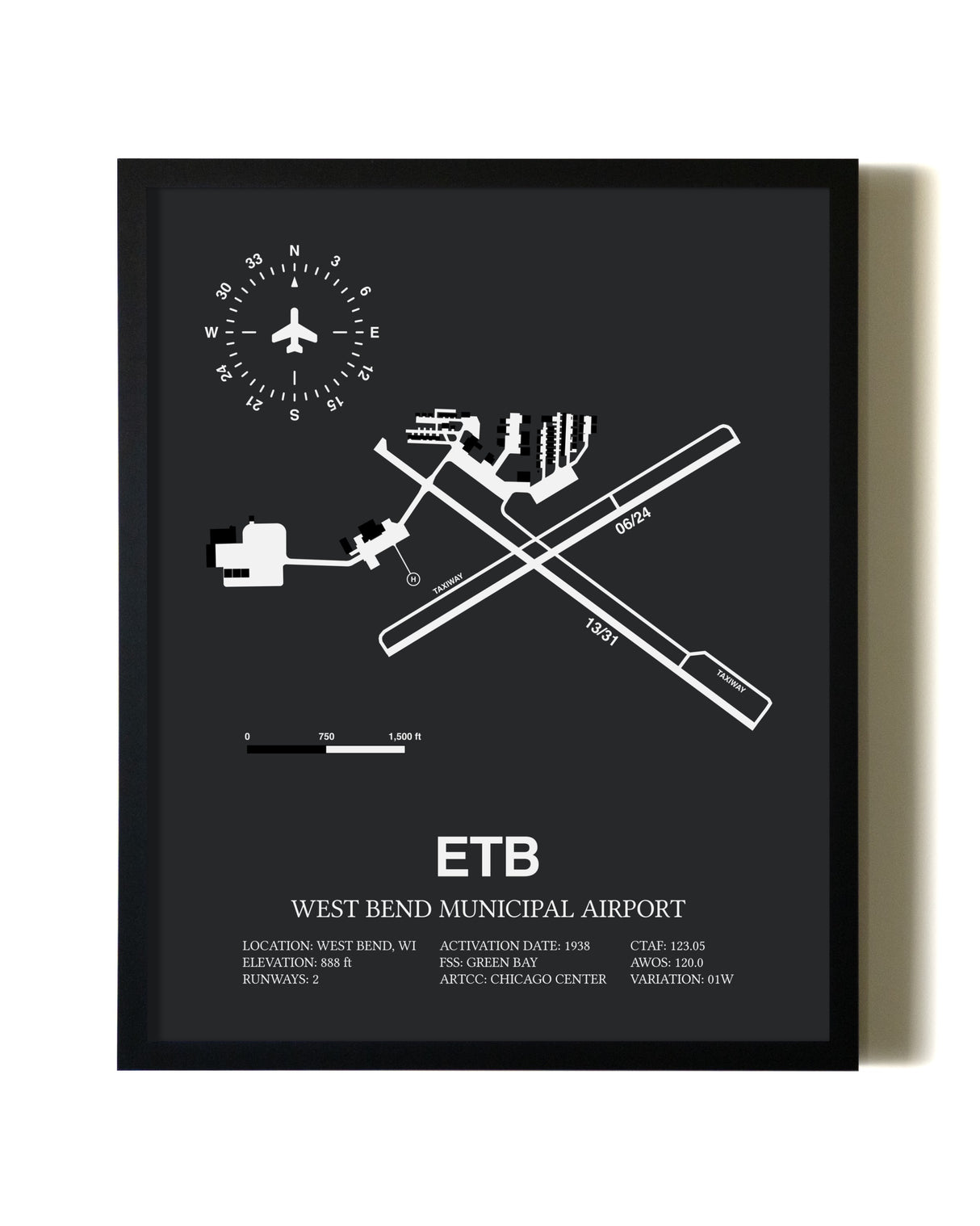 Unframed West Bend Municipal Airport map print poster