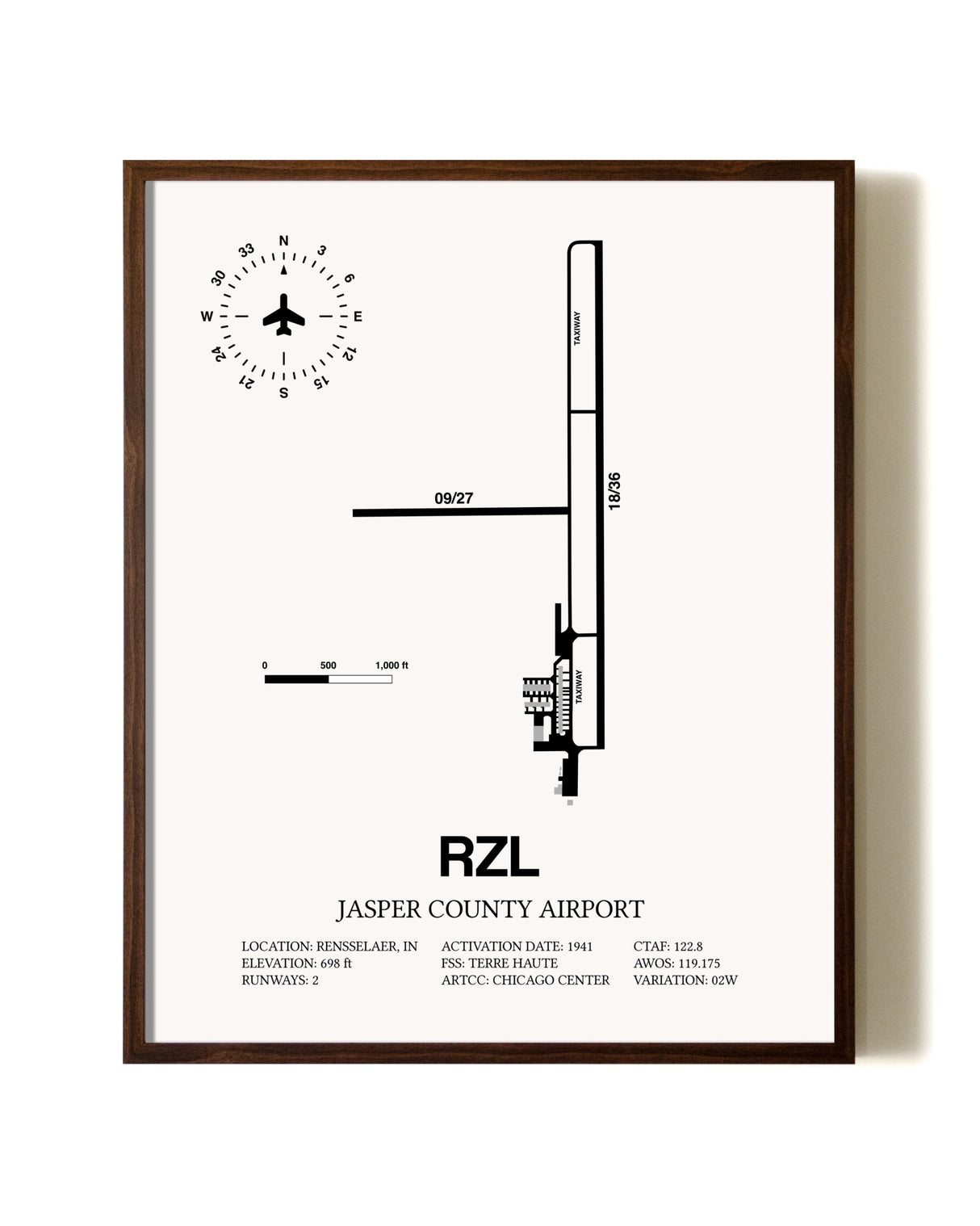 Jasper County Airport aviation print in walnut frame