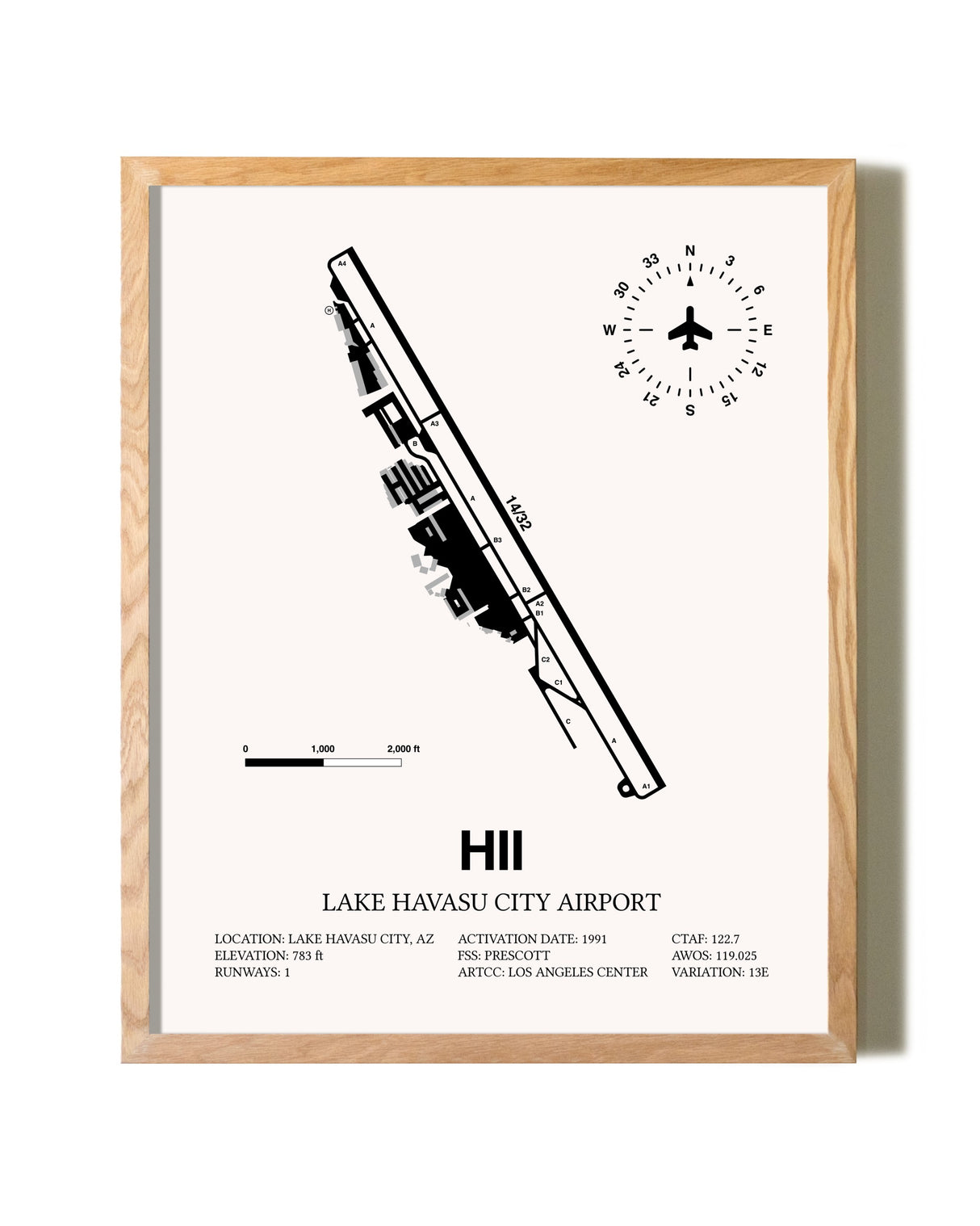 Lake Havasu City Airport framed print in natural wood frame