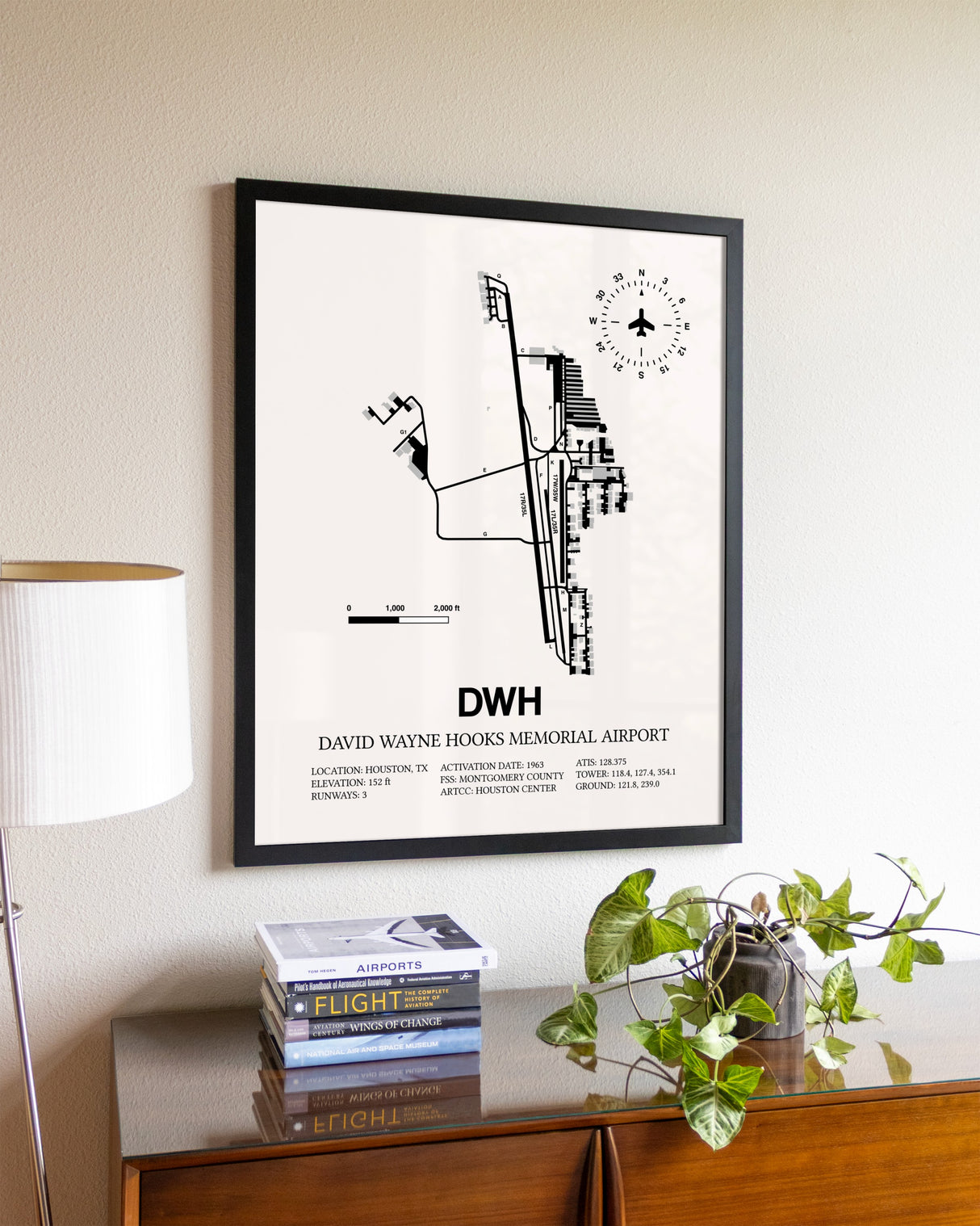 David Wayne Hooks Memorial Airport aviation wall décor in black wood frame