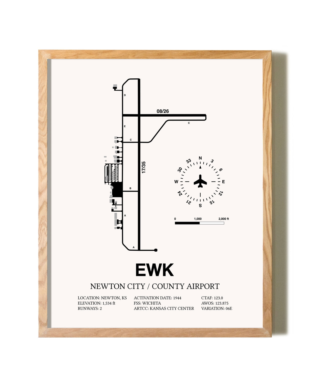 Newton City / County Airport framed print in natural wood frame