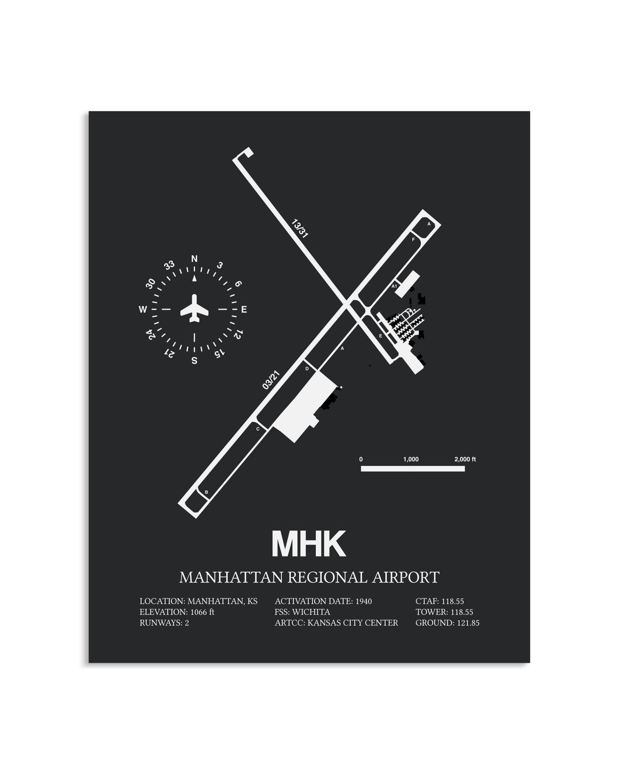 Gray Framed Manhattan Regional Airport layout wall art poster