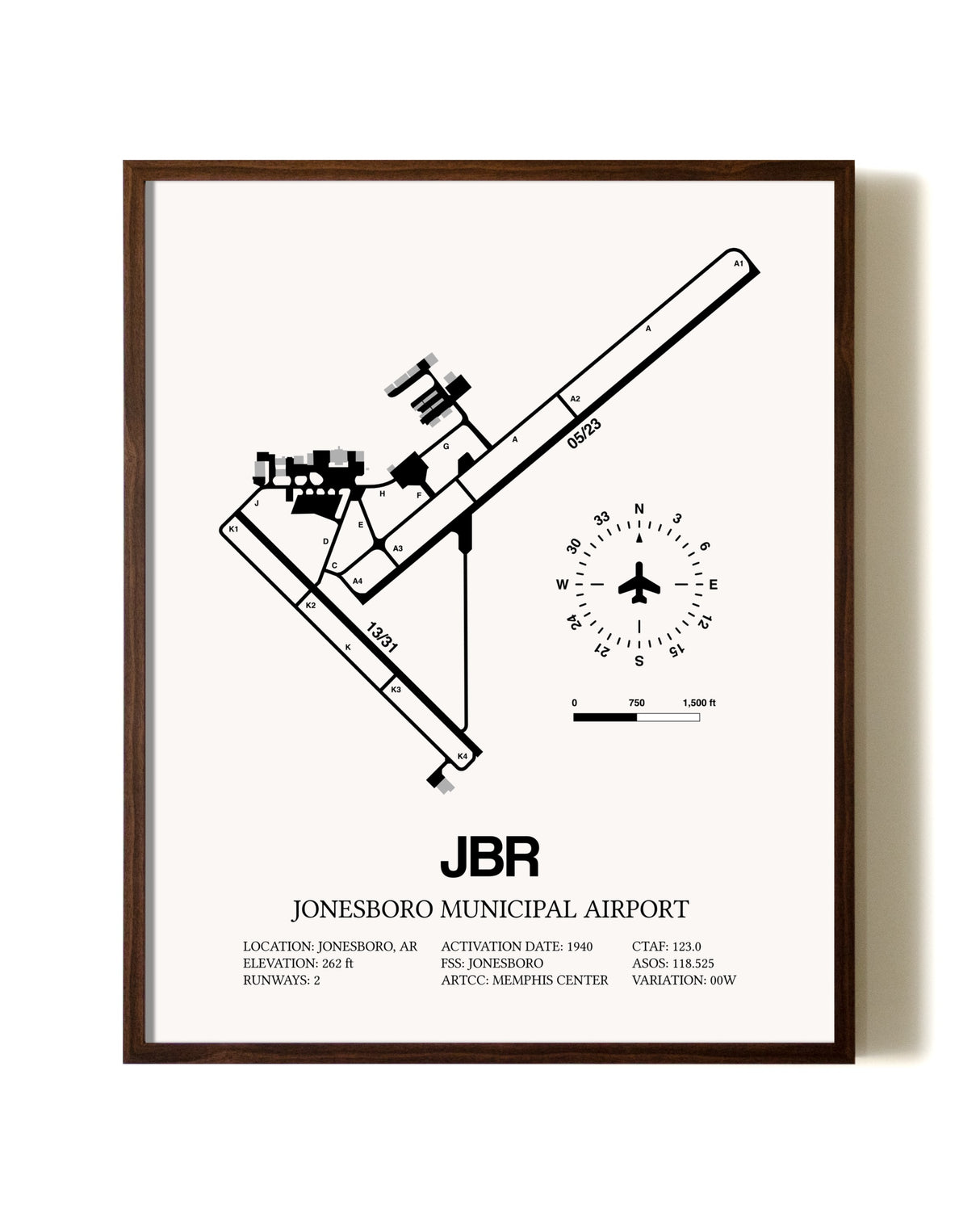 Jonesboro Municipal Airport aviation print in walnut frame