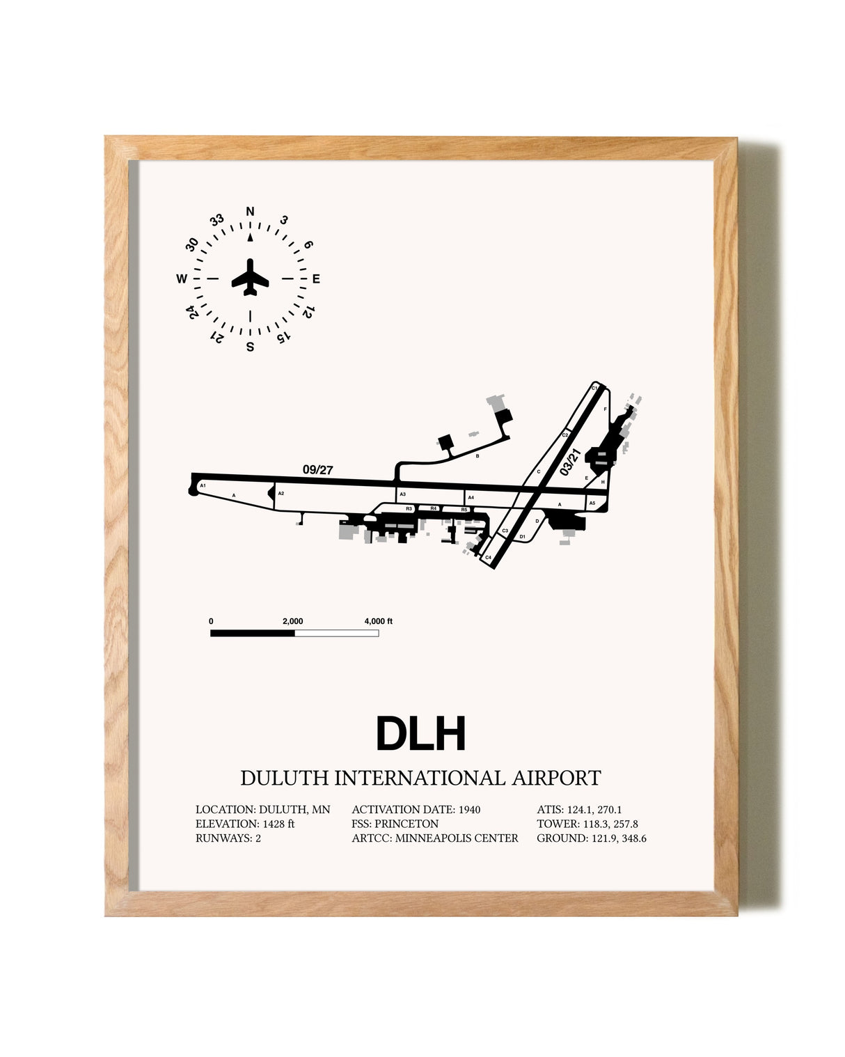 Duluth International Airport framed print in natural wood frame