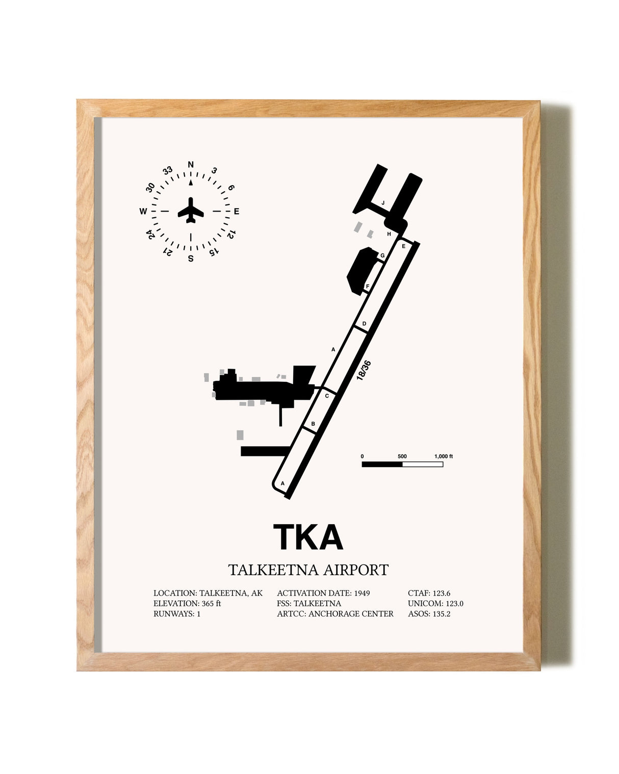 Talkeetna Airport framed print in natural wood frame