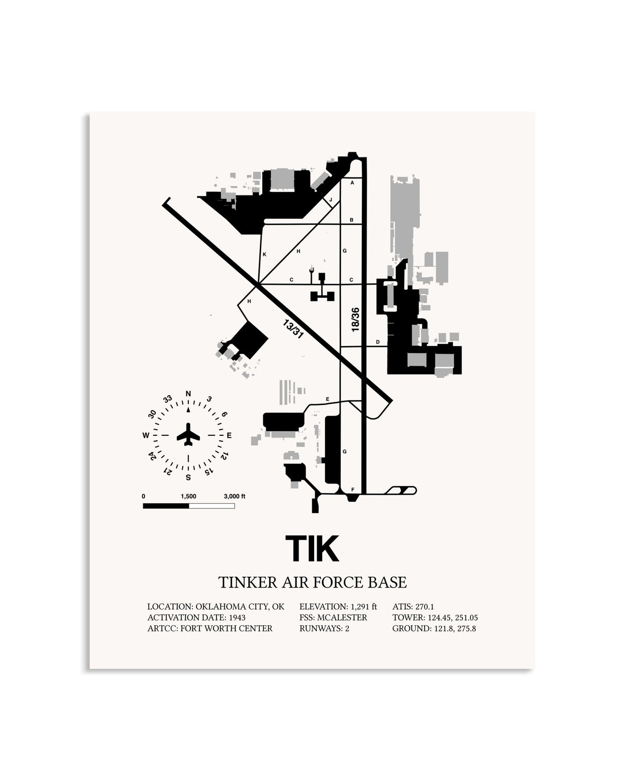 Gray Tinker Air Force Base framed poster displayed in an airplane hangar