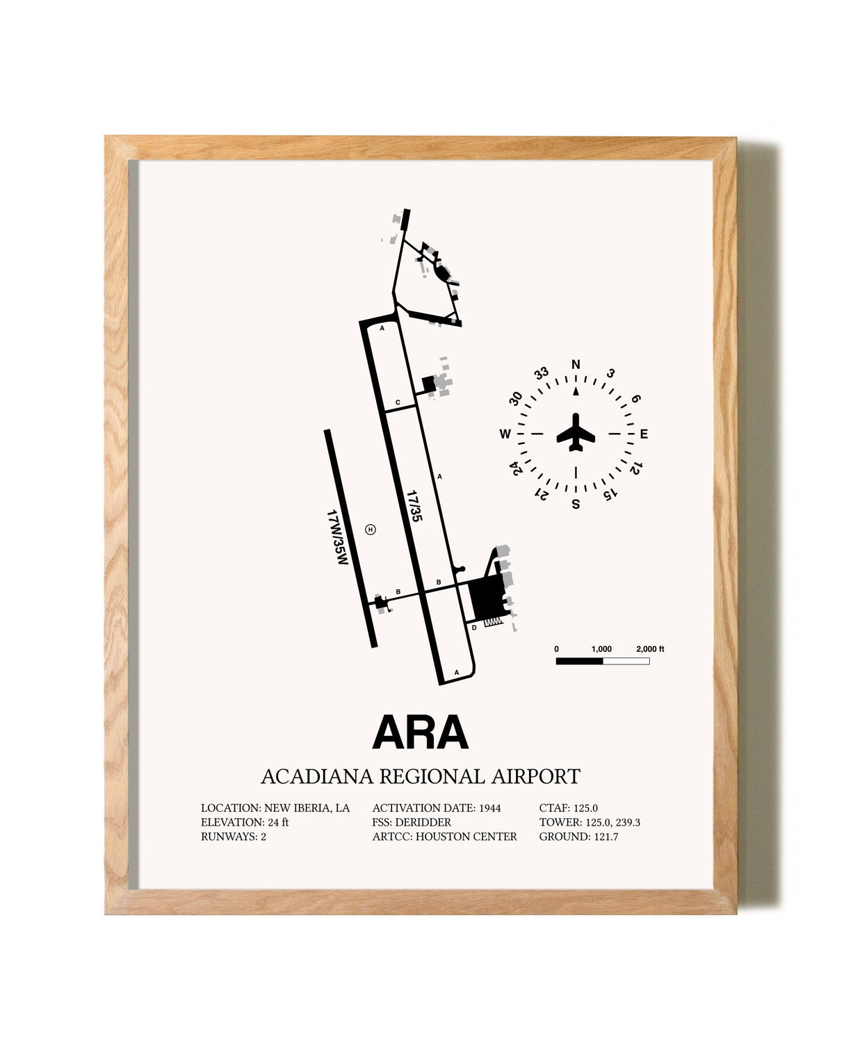 Acadiana Regional Airport framed print in natural wood frame