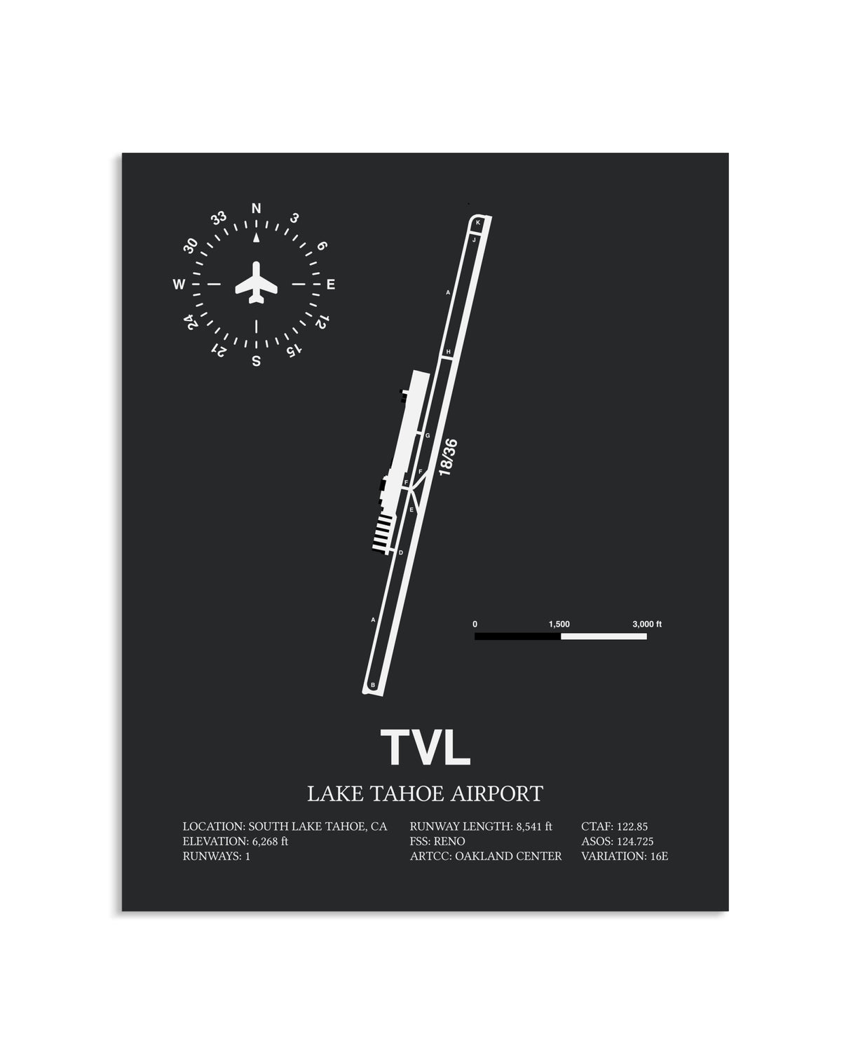 Gray Framed Lake Tahoe Airport layout wall art poster