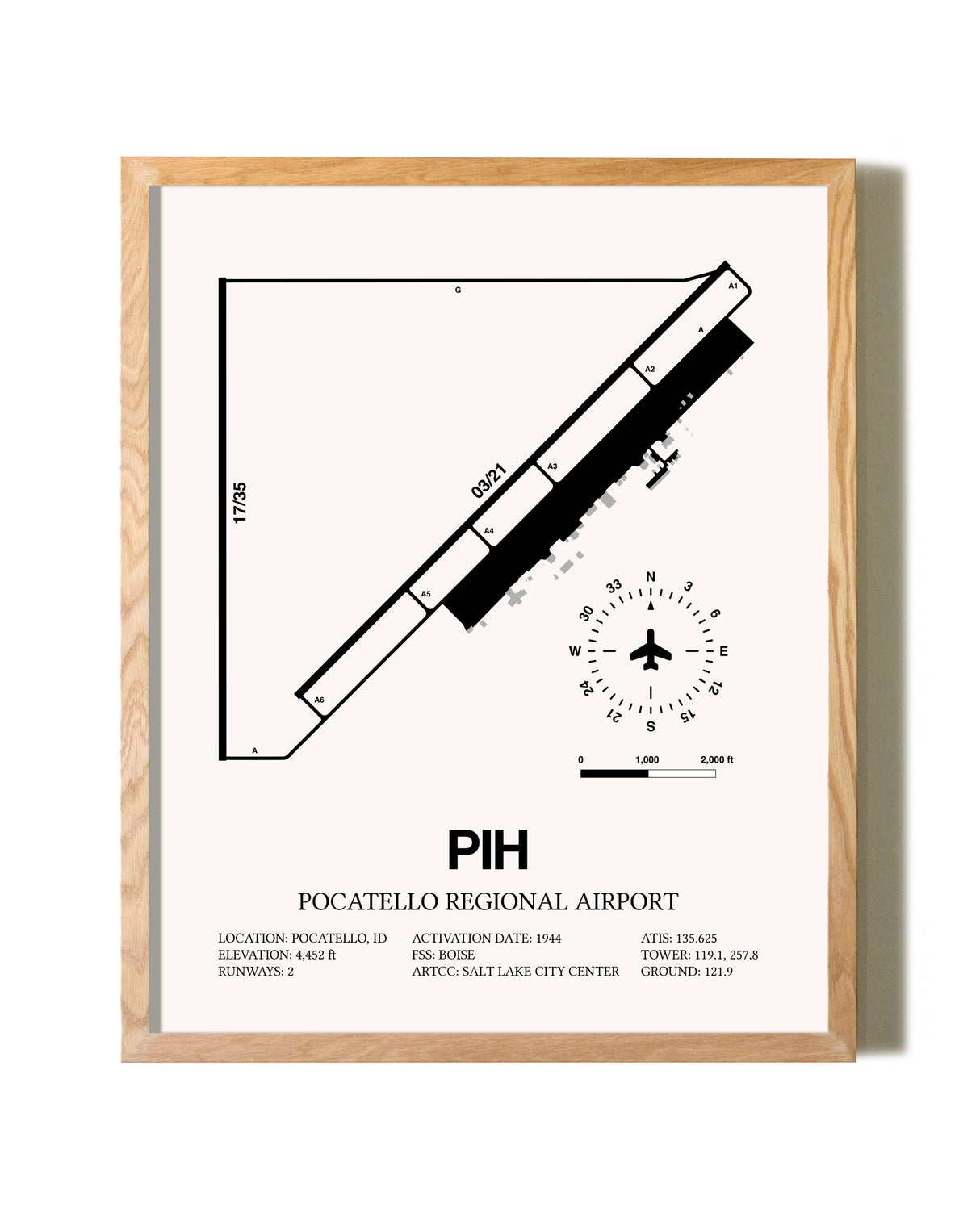 Pocatello Regional Airport framed print in natural wood frame