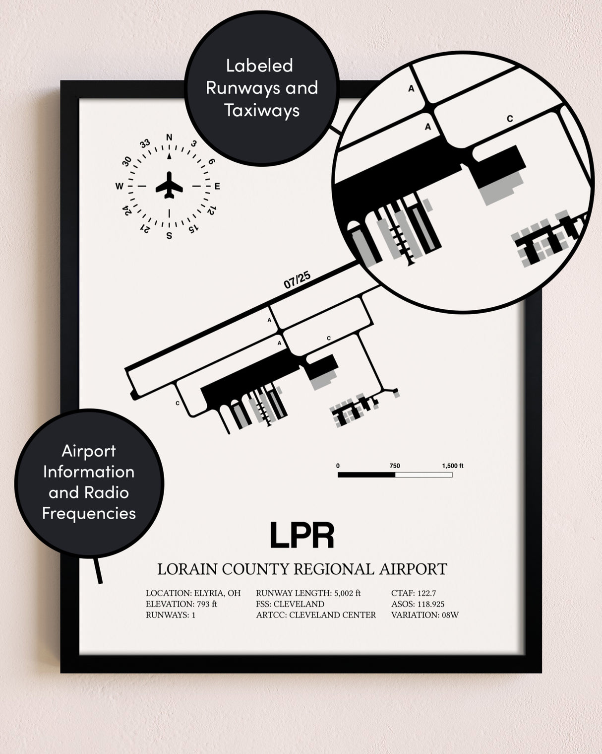 Framed Lorain County Regional Airport layout wall art poster