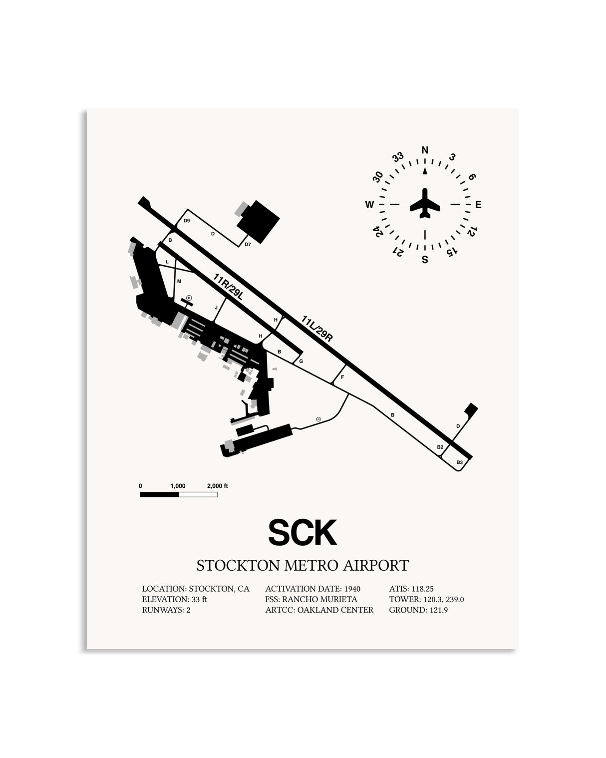 Gray Stockton Metro Airport framed poster displayed in an airplane hangar