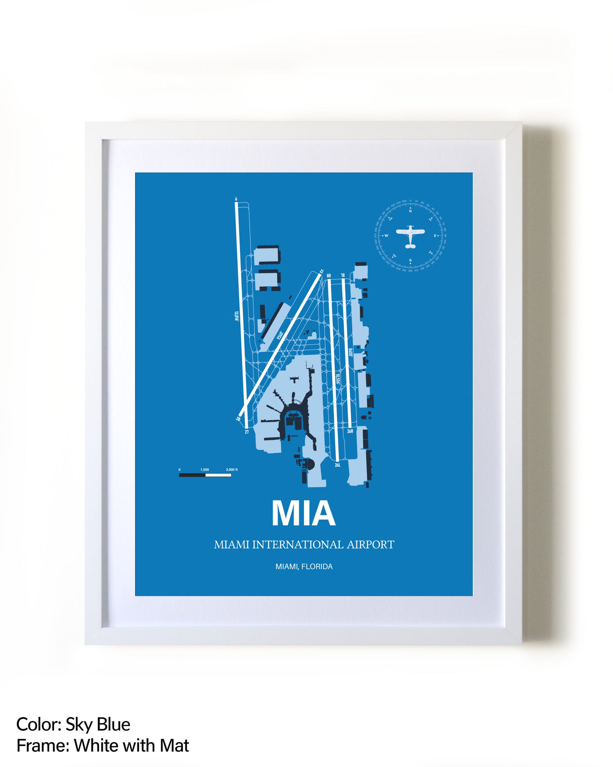 Miami International Airport framed wall art in white frame with mat