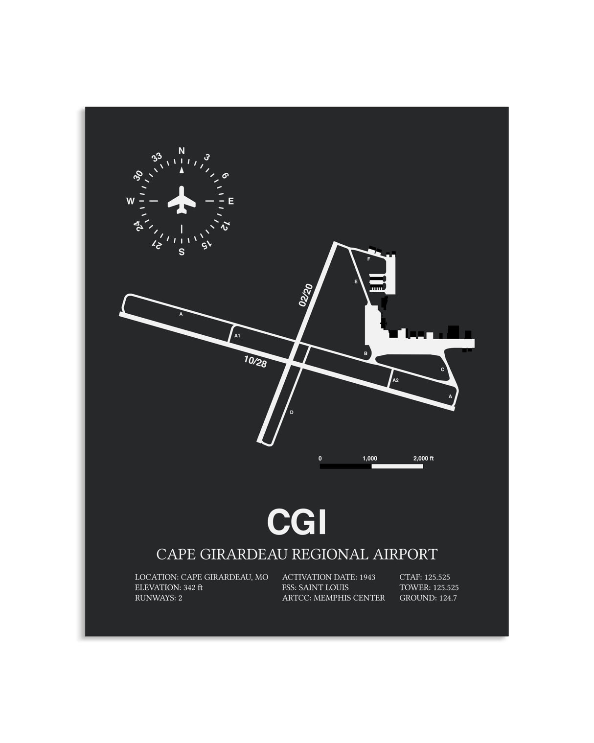 Gray Framed Cape Girardeau Regional Airport layout wall art poster