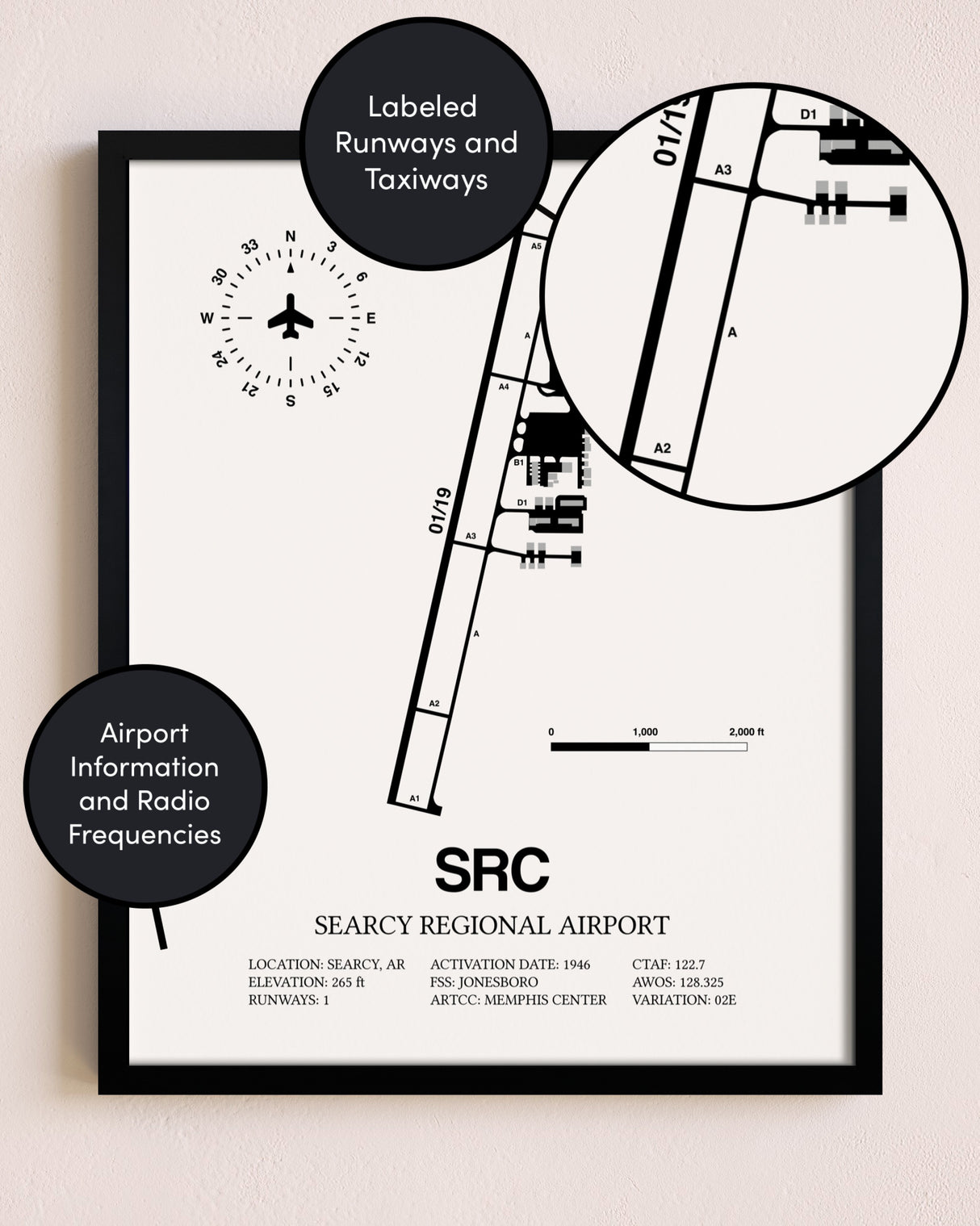 Framed Searcy Regional Airport layout wall art poster
