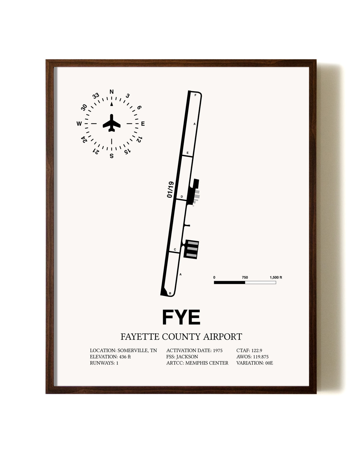 Fayette County Airport aviation print in walnut frame