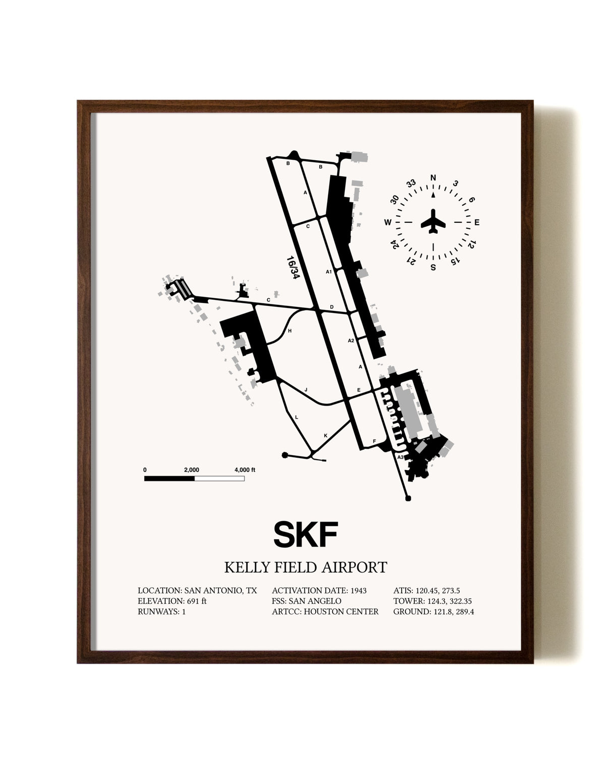 Kelly Field Airport aviation print in walnut frame