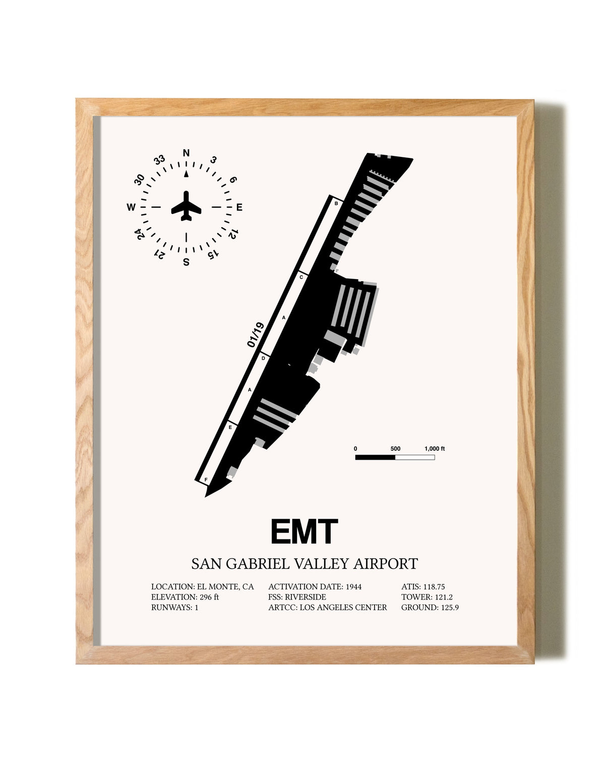 San Gabriel Valley Airport framed print in natural wood frame