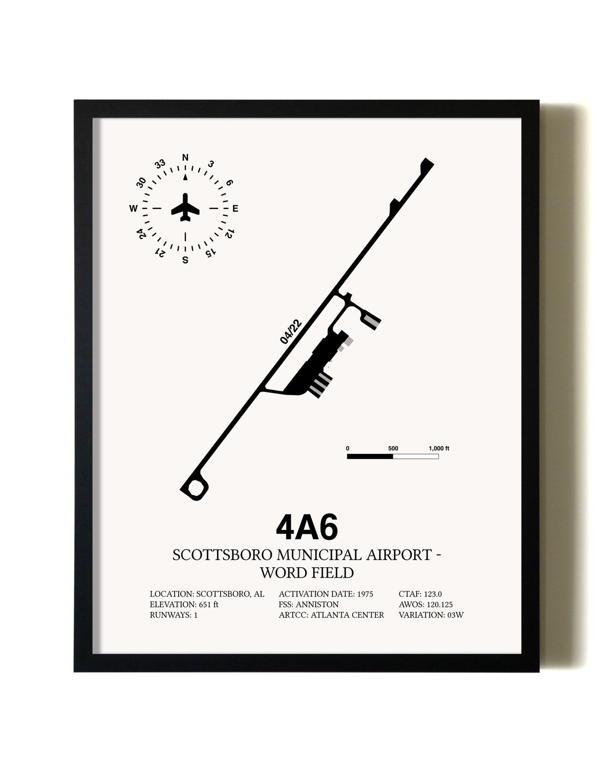Framed Scottsboro Municipal Airport - Word Field wall art poster in black frame