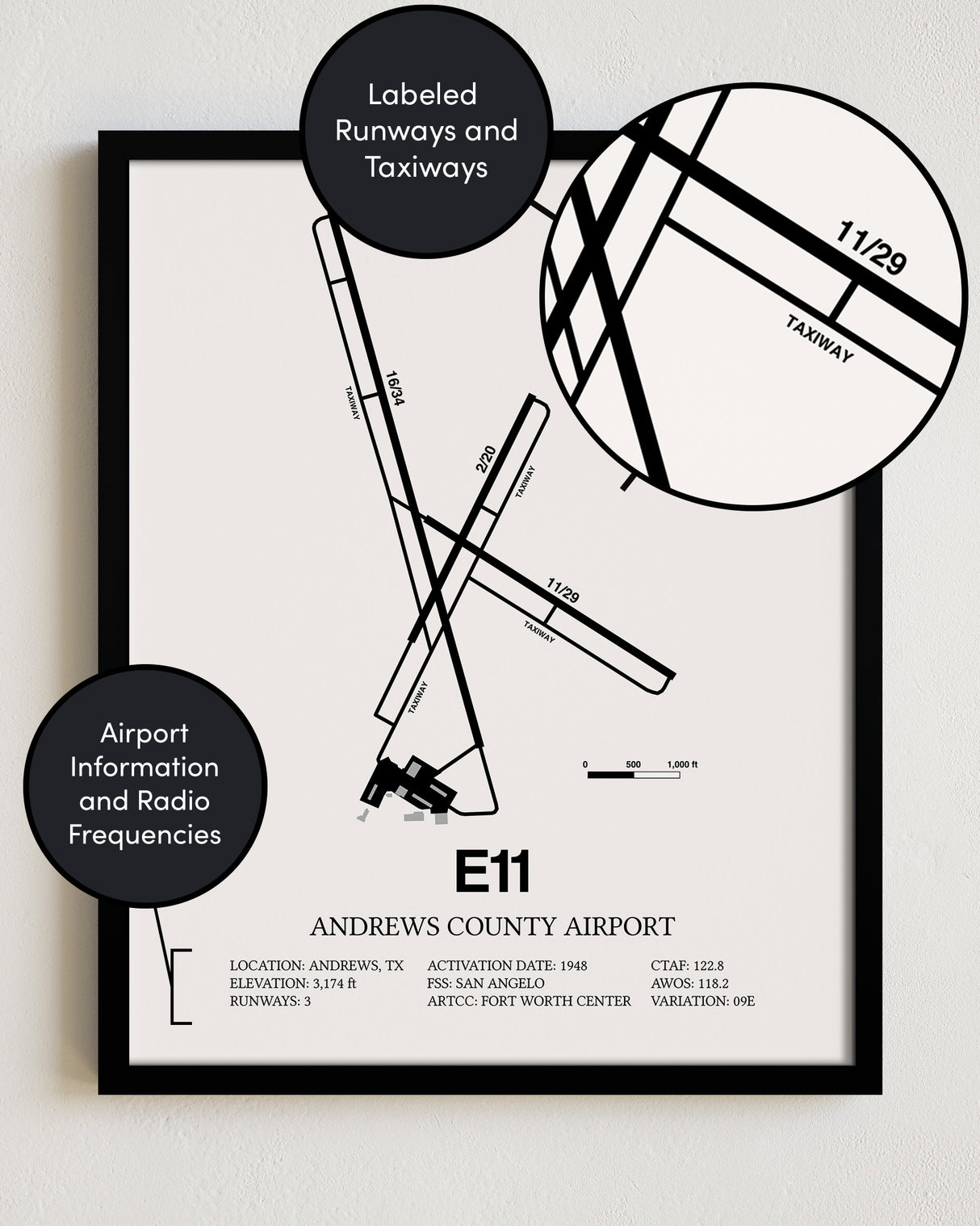Framed Detailed Airport Map of Andrews County Airport (E11) in White with a Black Frame