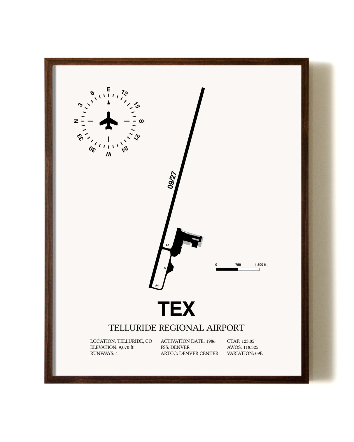Telluride Regional Airport aviation print in walnut frame