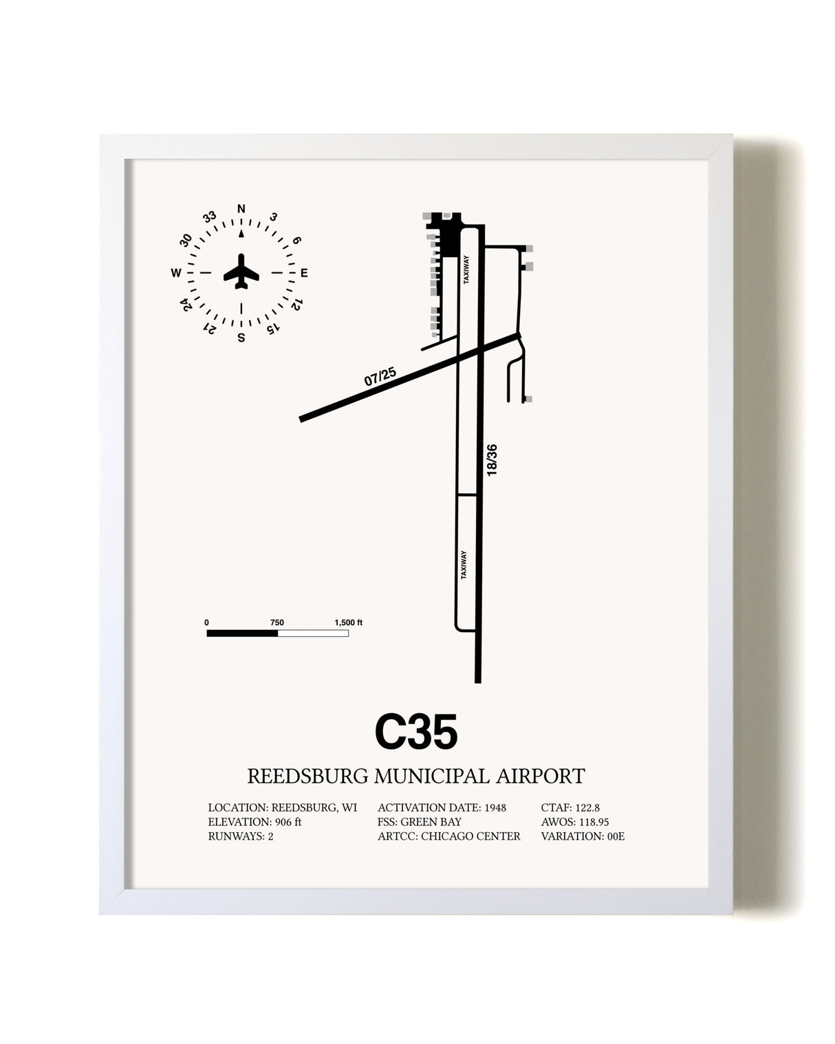 Reedsburg Municipal Airport airport map poster in oak frame