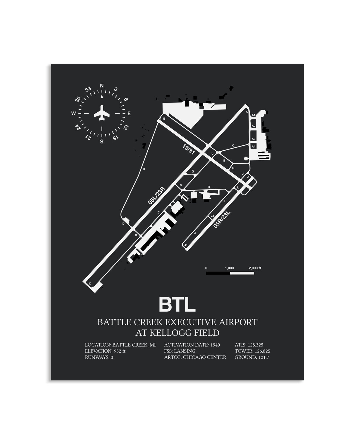 Gray Framed Battle Creek Executive Airport At Kellogg Field layout wall art poster