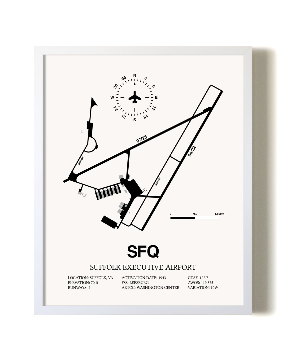 Suffolk Executive Airport airport map poster in oak frame