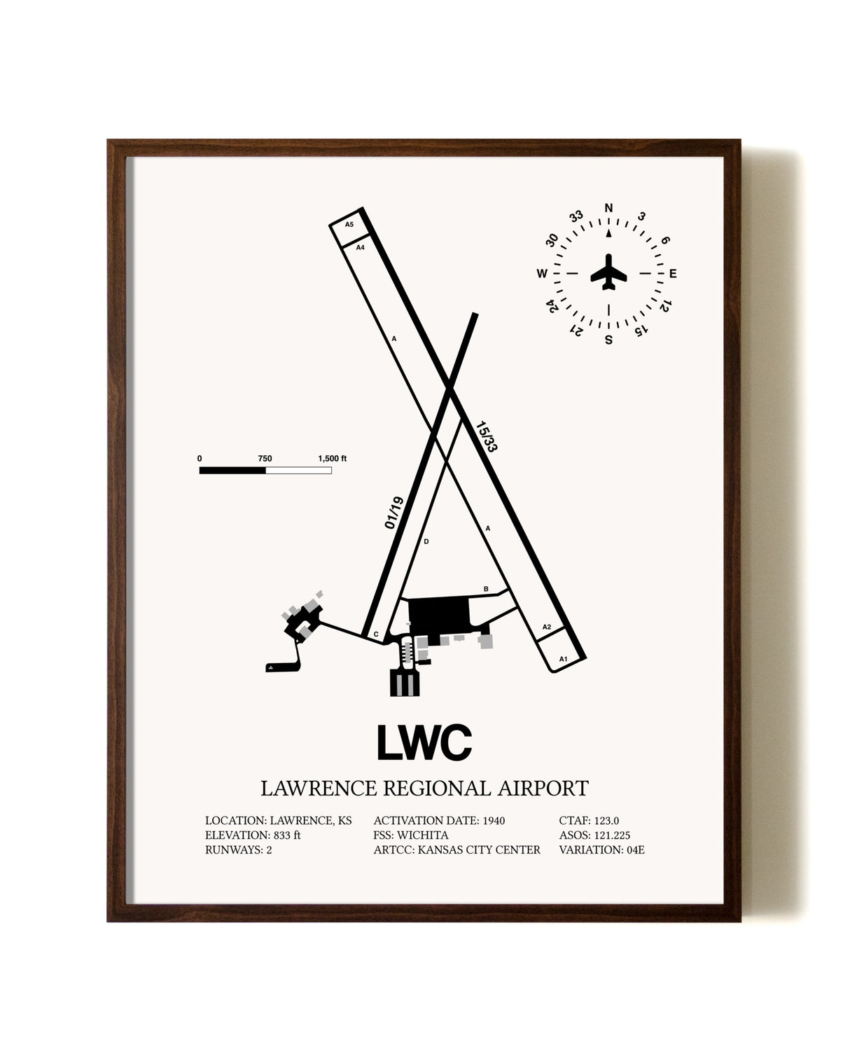 Lawrence Regional Airport aviation print in walnut frame