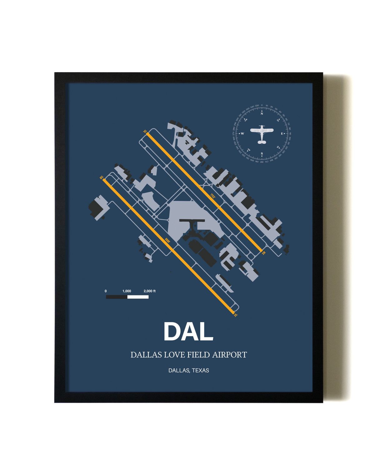 Blue and Yellow Framed Dallas Love Field Airport wall art poster in black frame