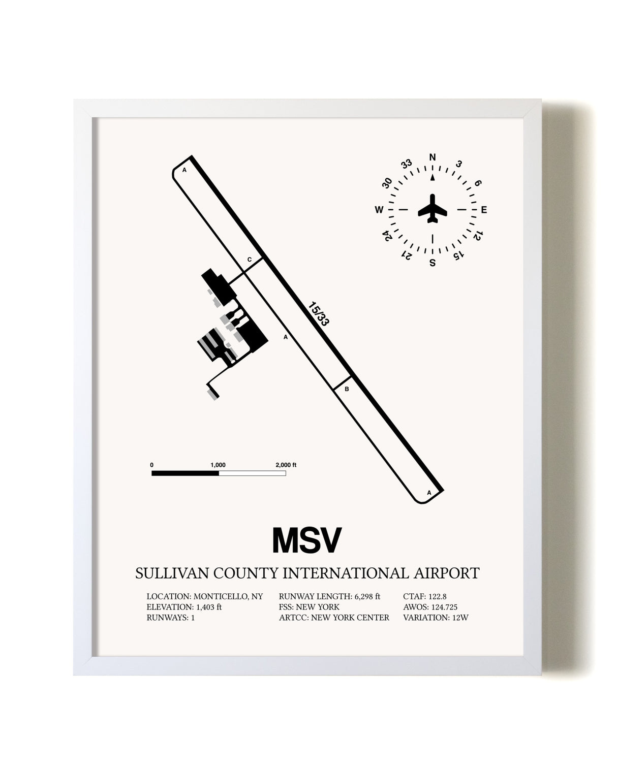 Sullivan County International Airport airport map poster in oak frame