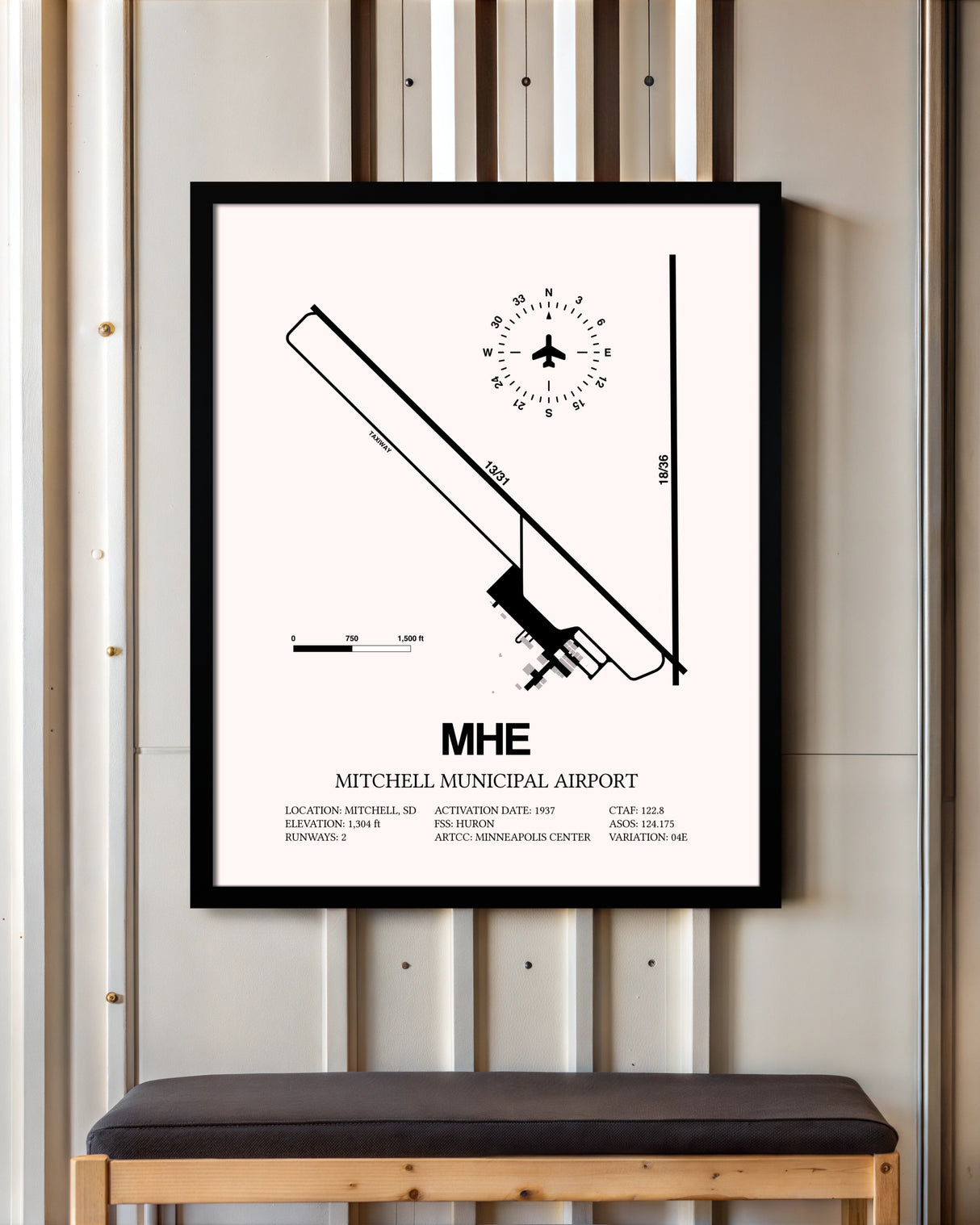 Mitchell Municipal Airport framed poster displayed in an airplane hangar