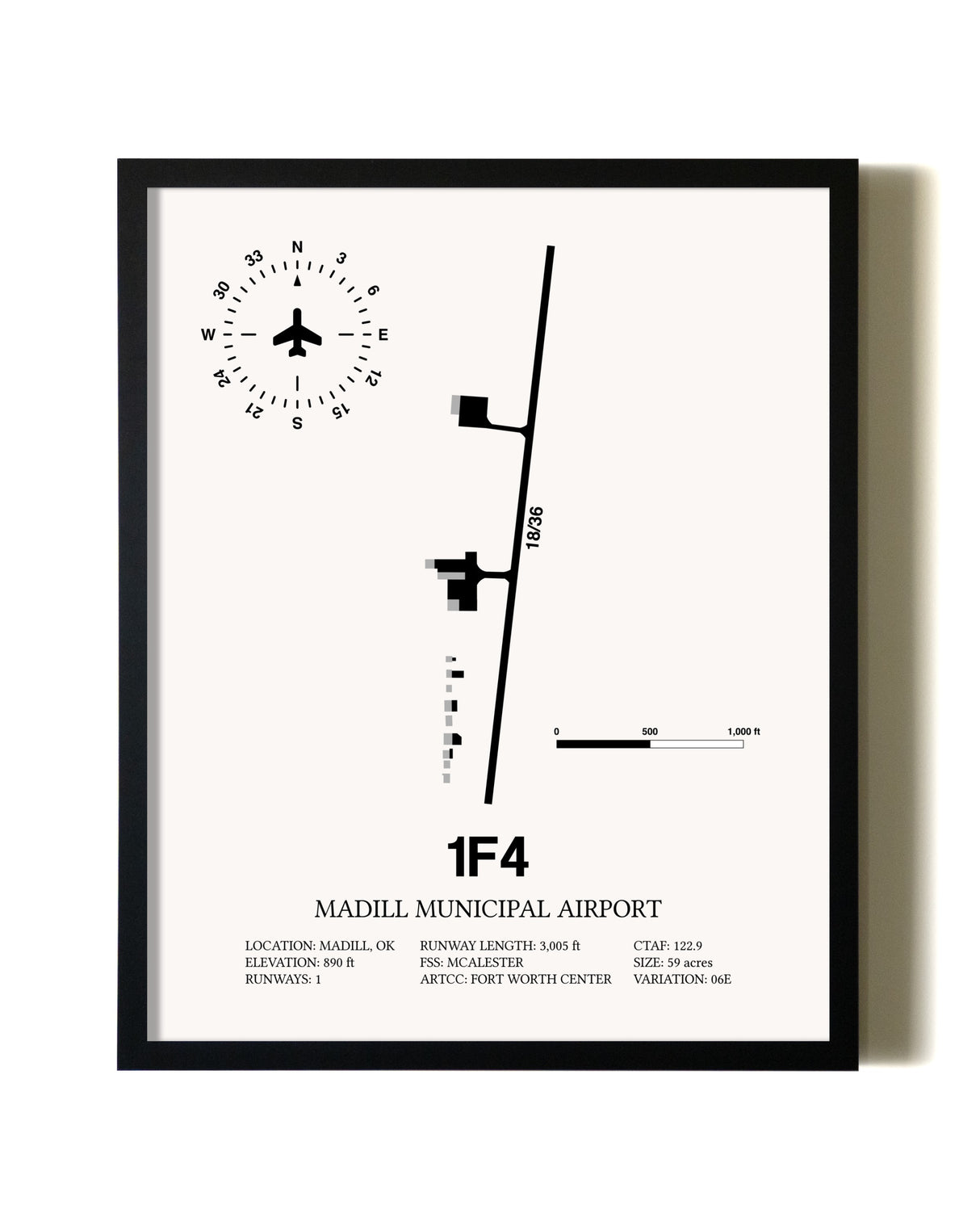 Framed Madill Municipal Airport wall art poster in black frame