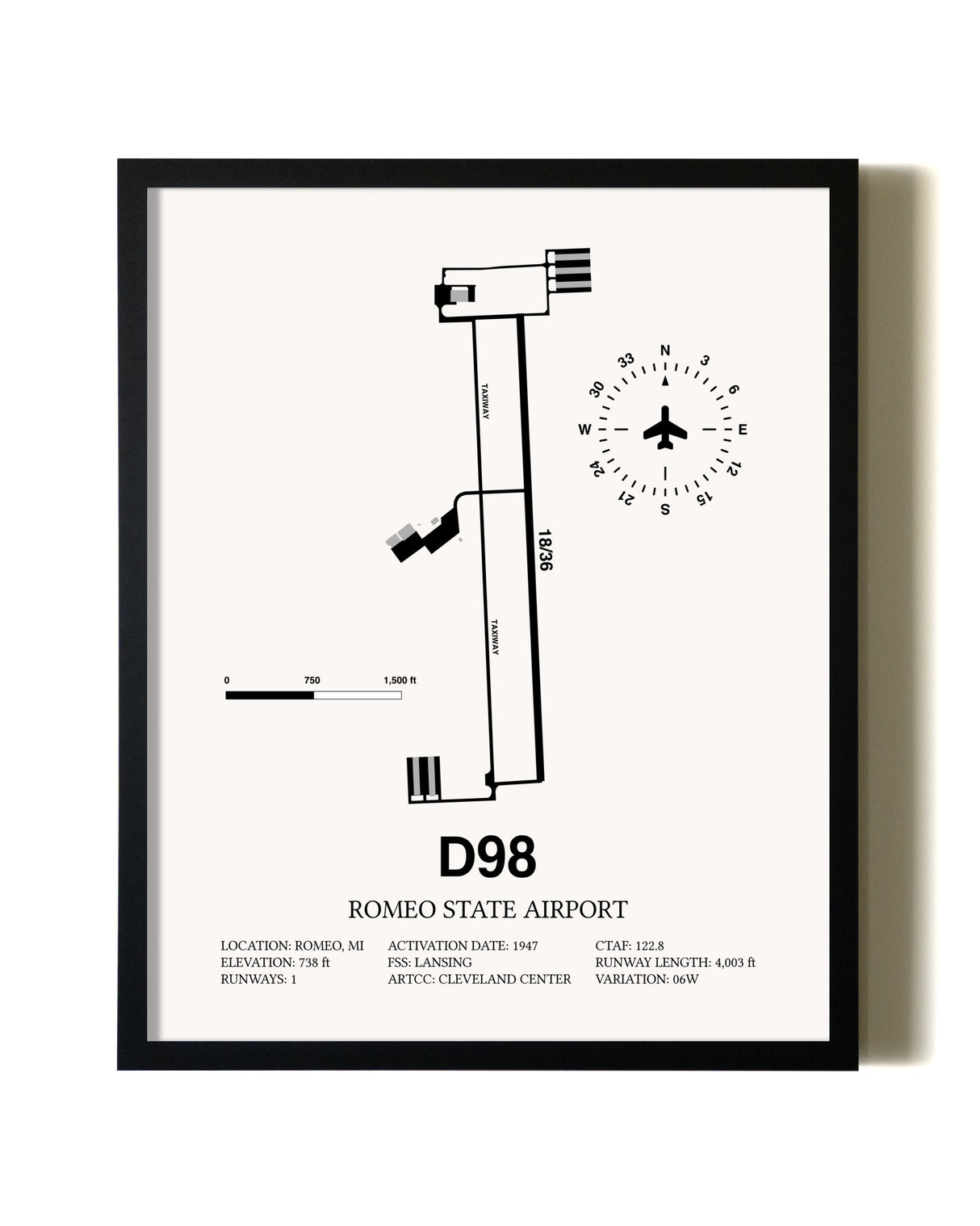 Framed Romeo State Airport wall art poster in black frame