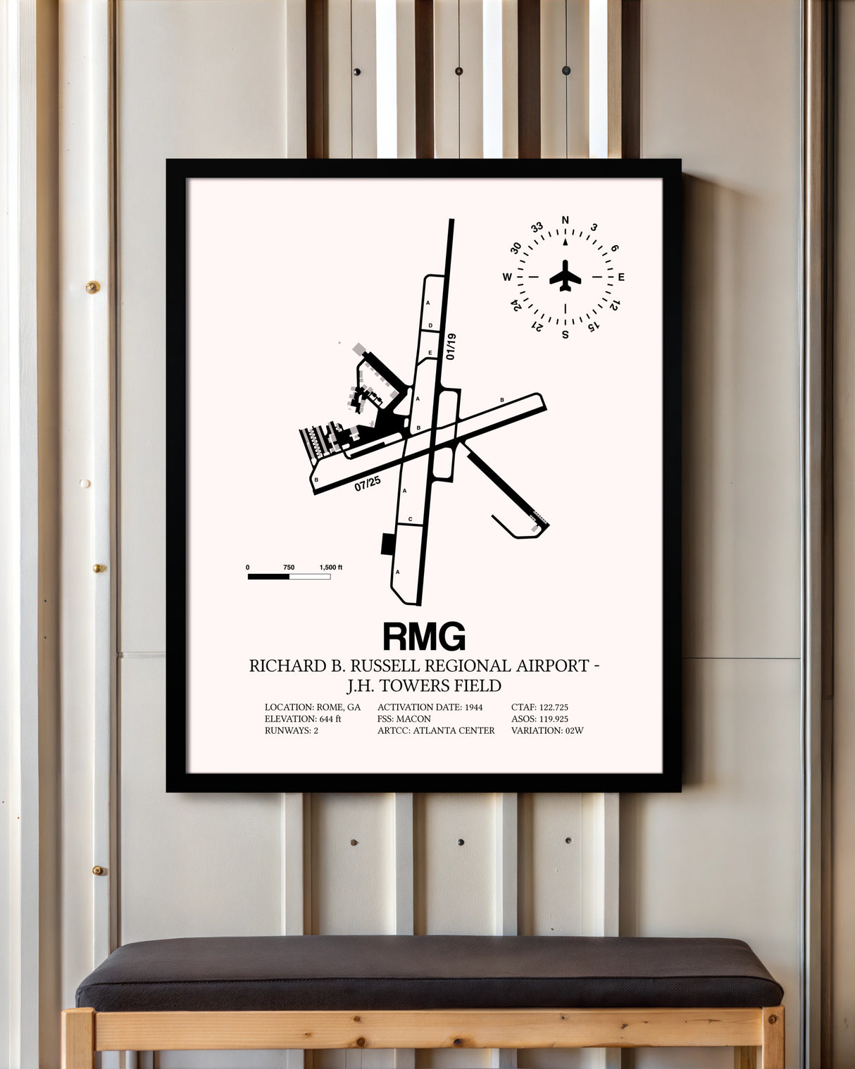 Richard B. Russell Regional Airport - J.H. Towers Field framed poster displayed in an airplane hangar