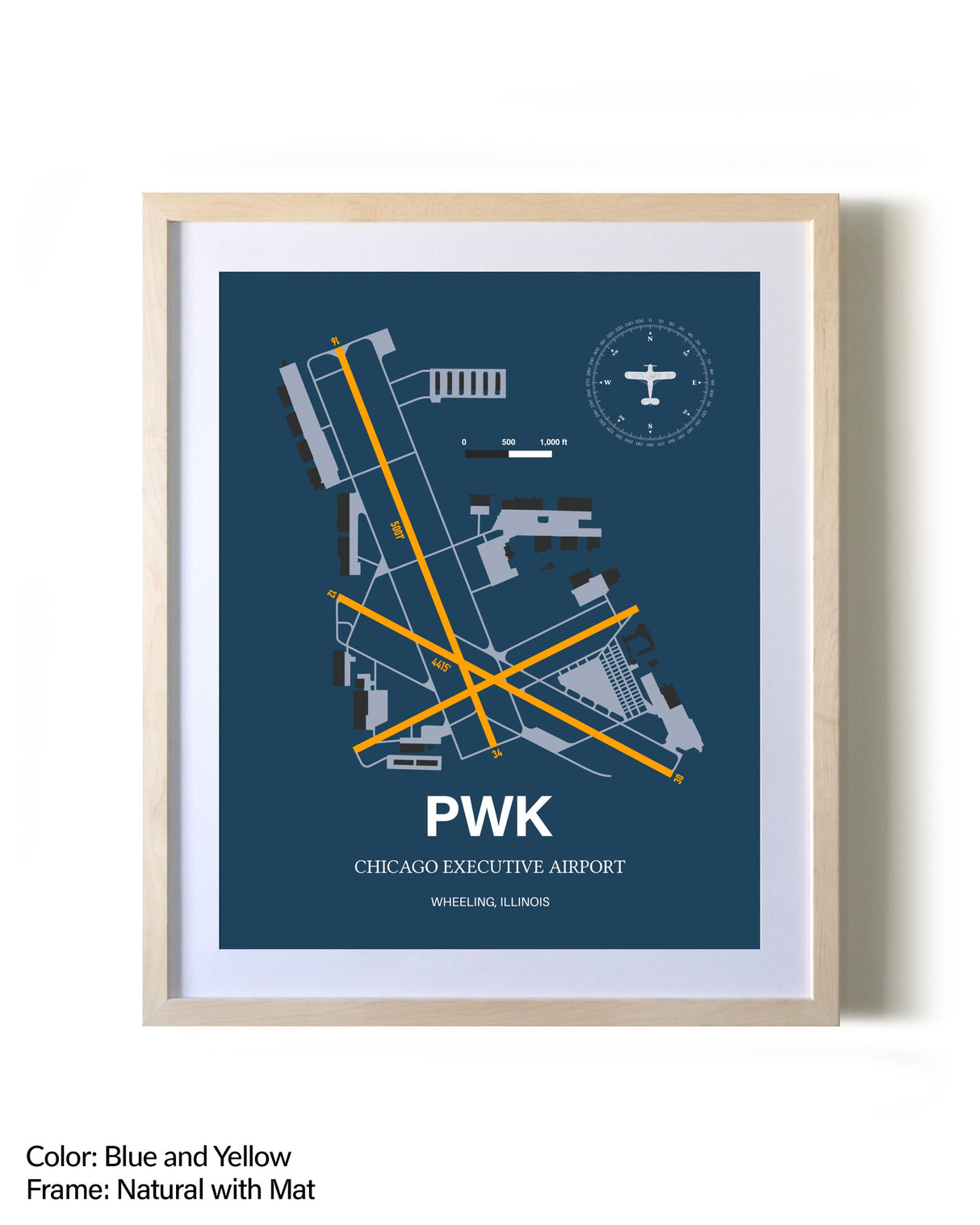 Chicago Executive Airport framed print in natural wood frame with mat