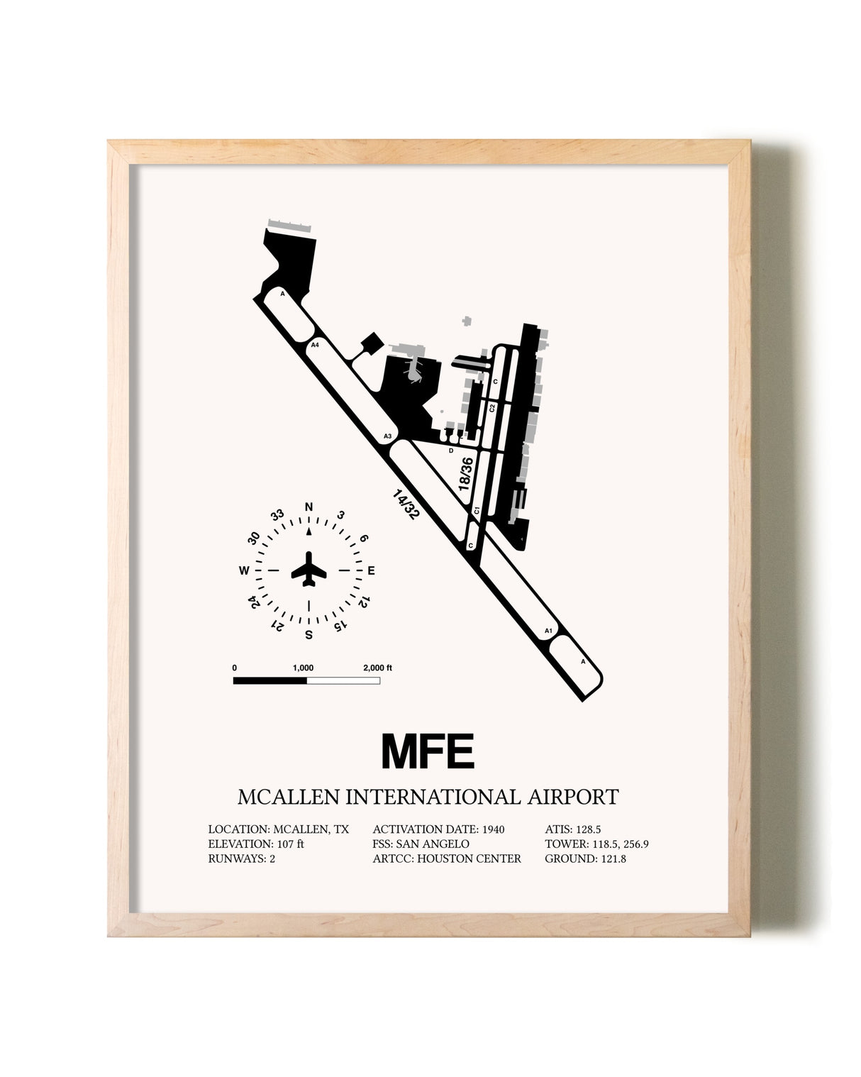 McAllen International Airport framed wall art in white frame