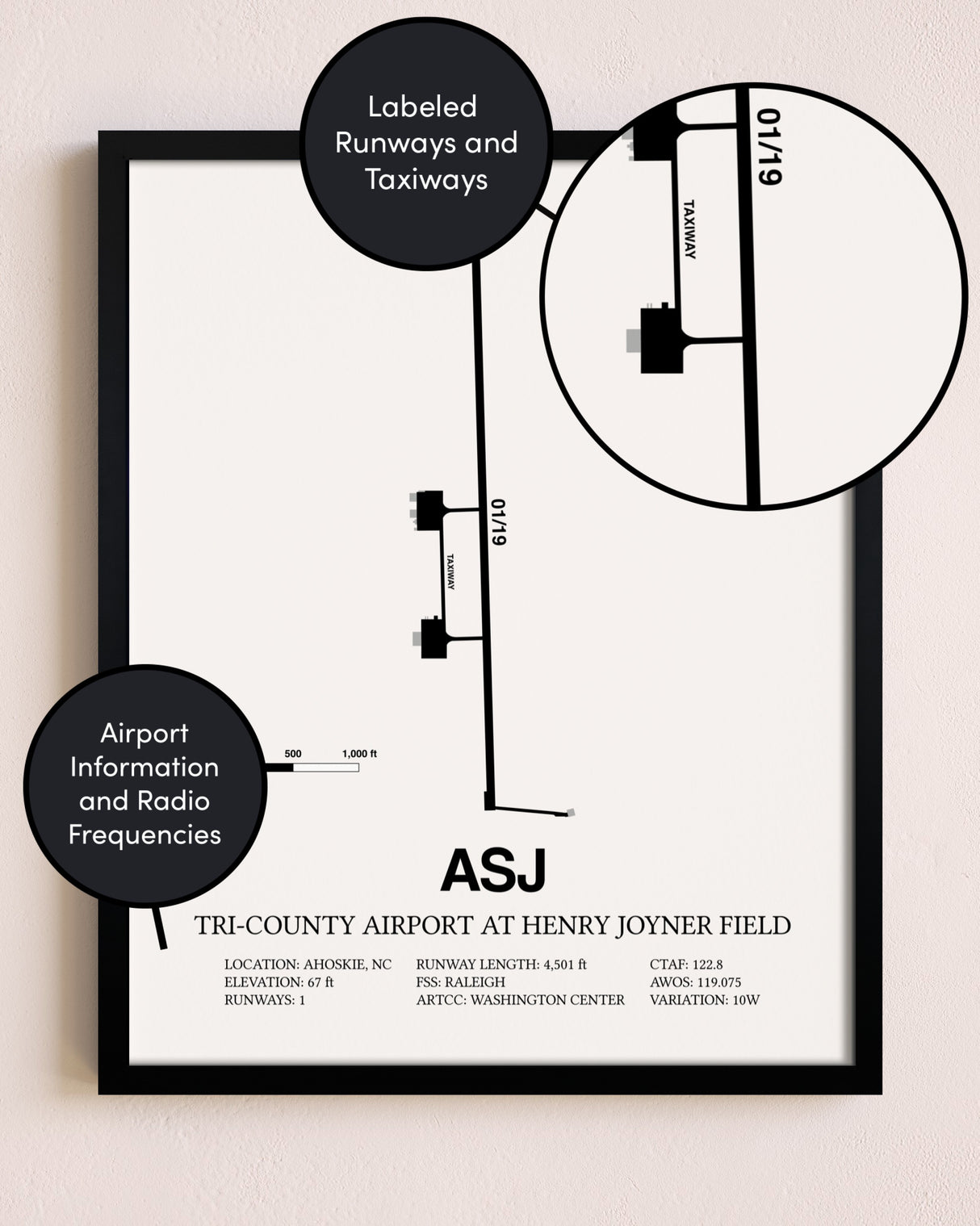 Framed Tri-County Airport At Henry Joyner Field layout wall art poster