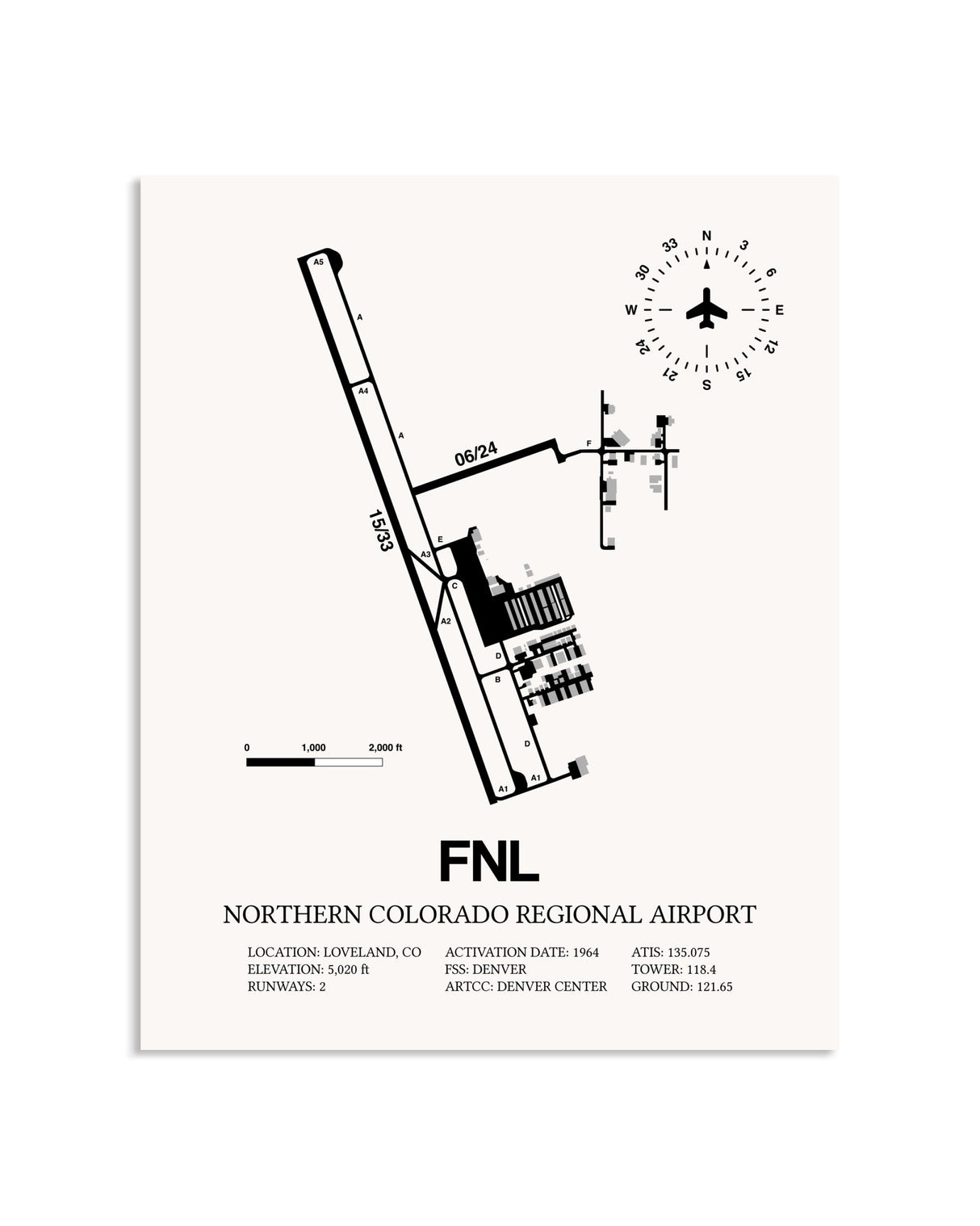Gray Northern Colorado Regional Airport framed poster displayed in an airplane hangar