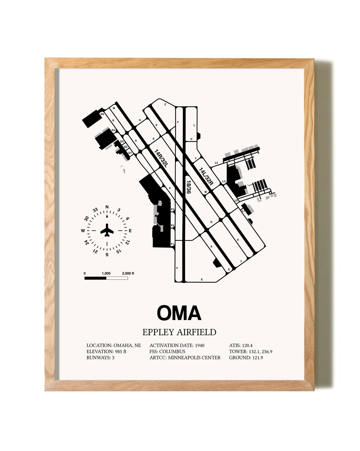 Eppley Airfield framed print in natural wood frame