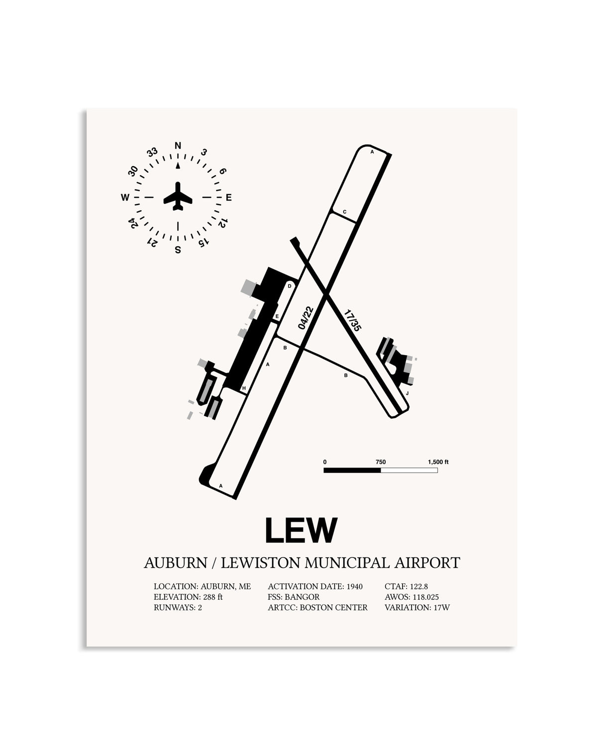 Gray Auburn / Lewiston Municipal Airport framed poster displayed in an airplane hangar