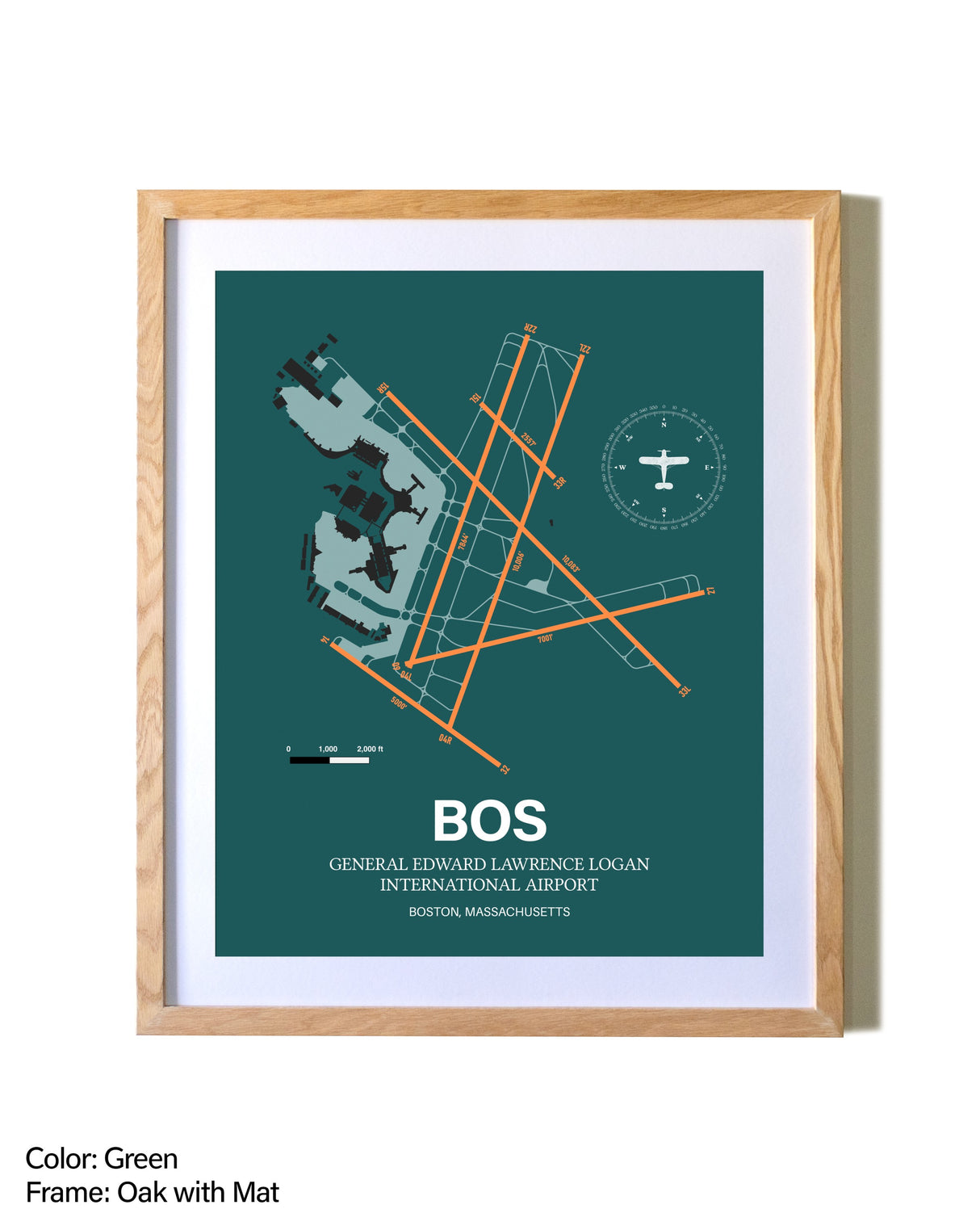Boston Logan International Airport airport map poster in oak frame with mat