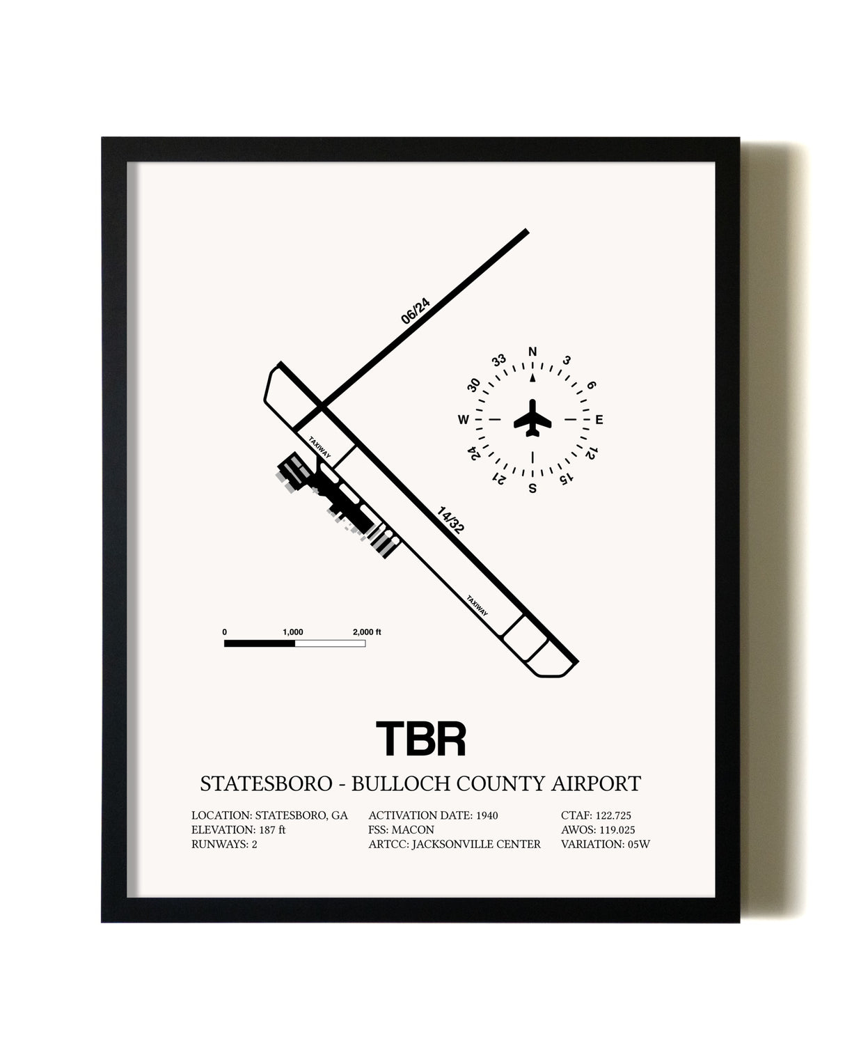 Framed Statesboro-Bulloch County Airport wall art poster in black frame