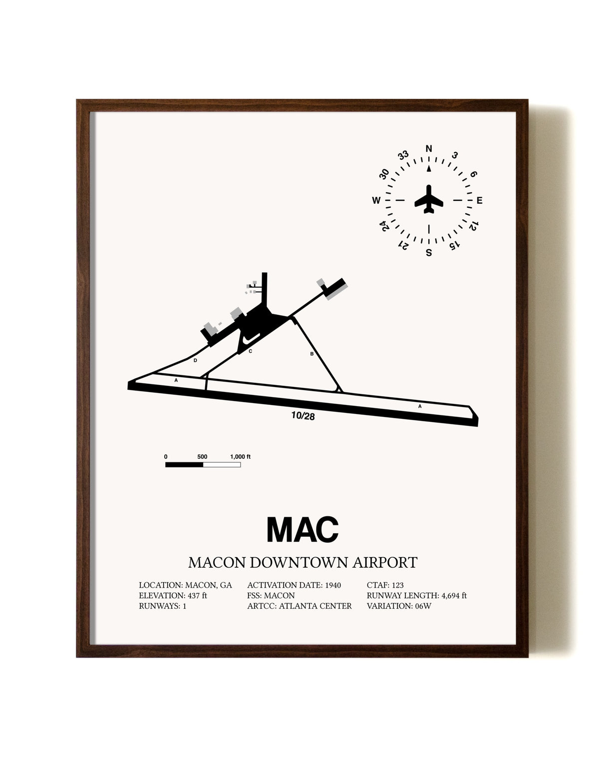 Macon Downtown Airport aviation print in walnut frame