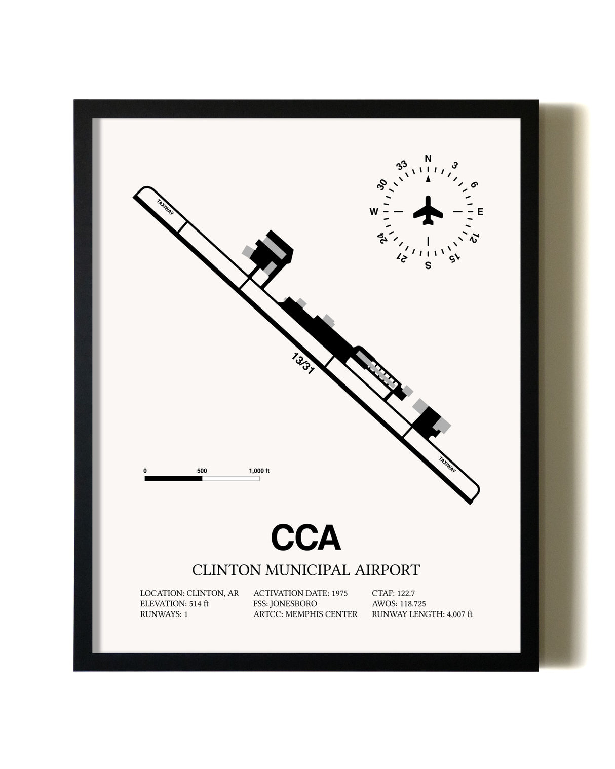 Framed Clinton Municipal Airport wall art poster in black frame