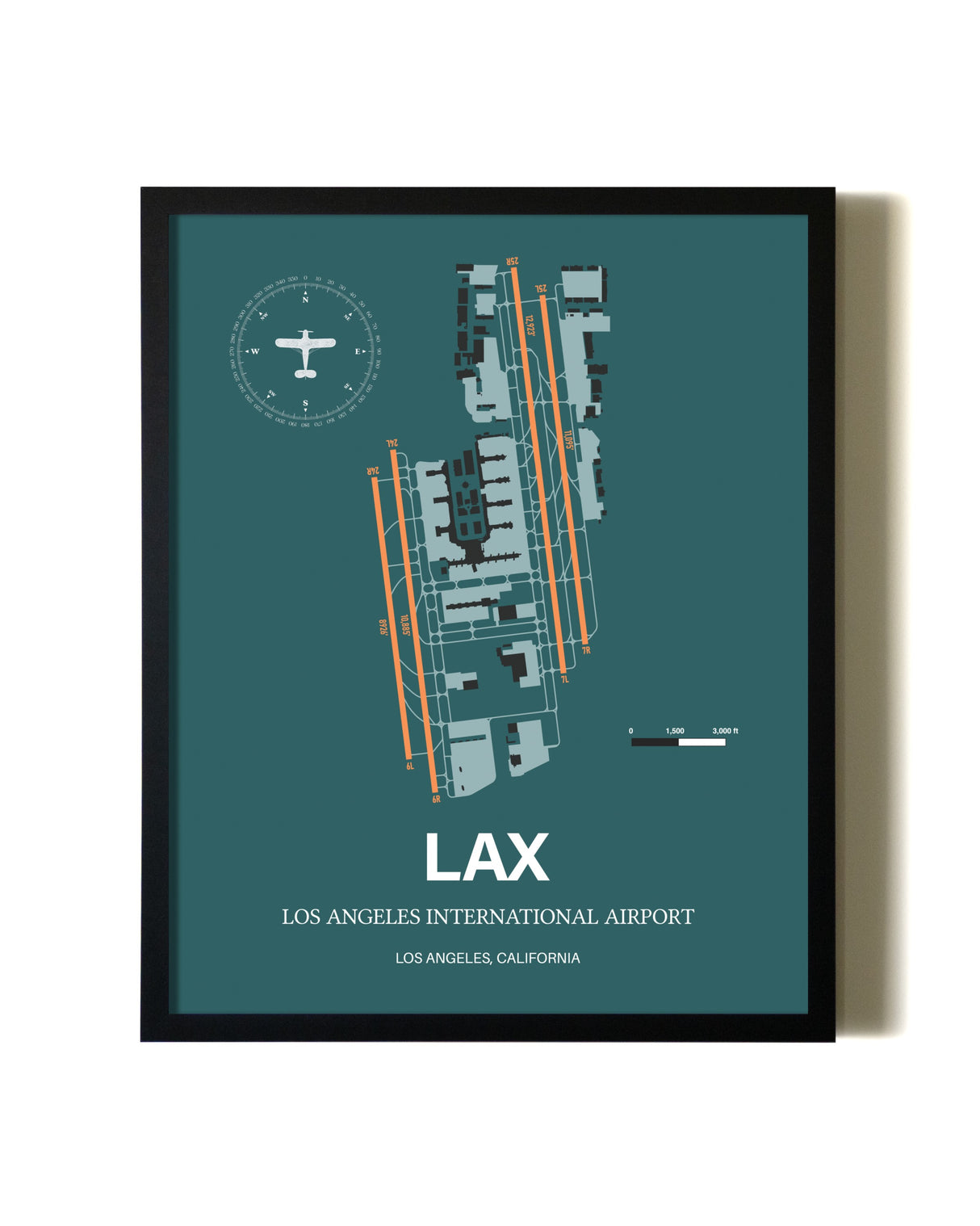 Green Los Angeles International Airport aviation wall décor in black wood frame