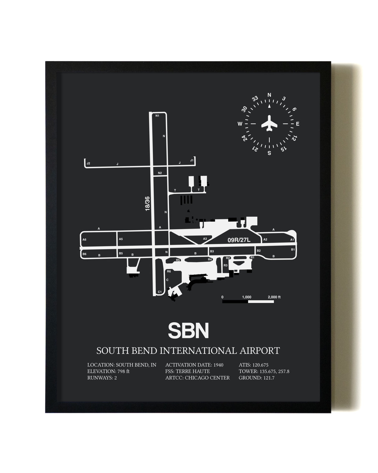 Unframed South Bend International Airport map print poster